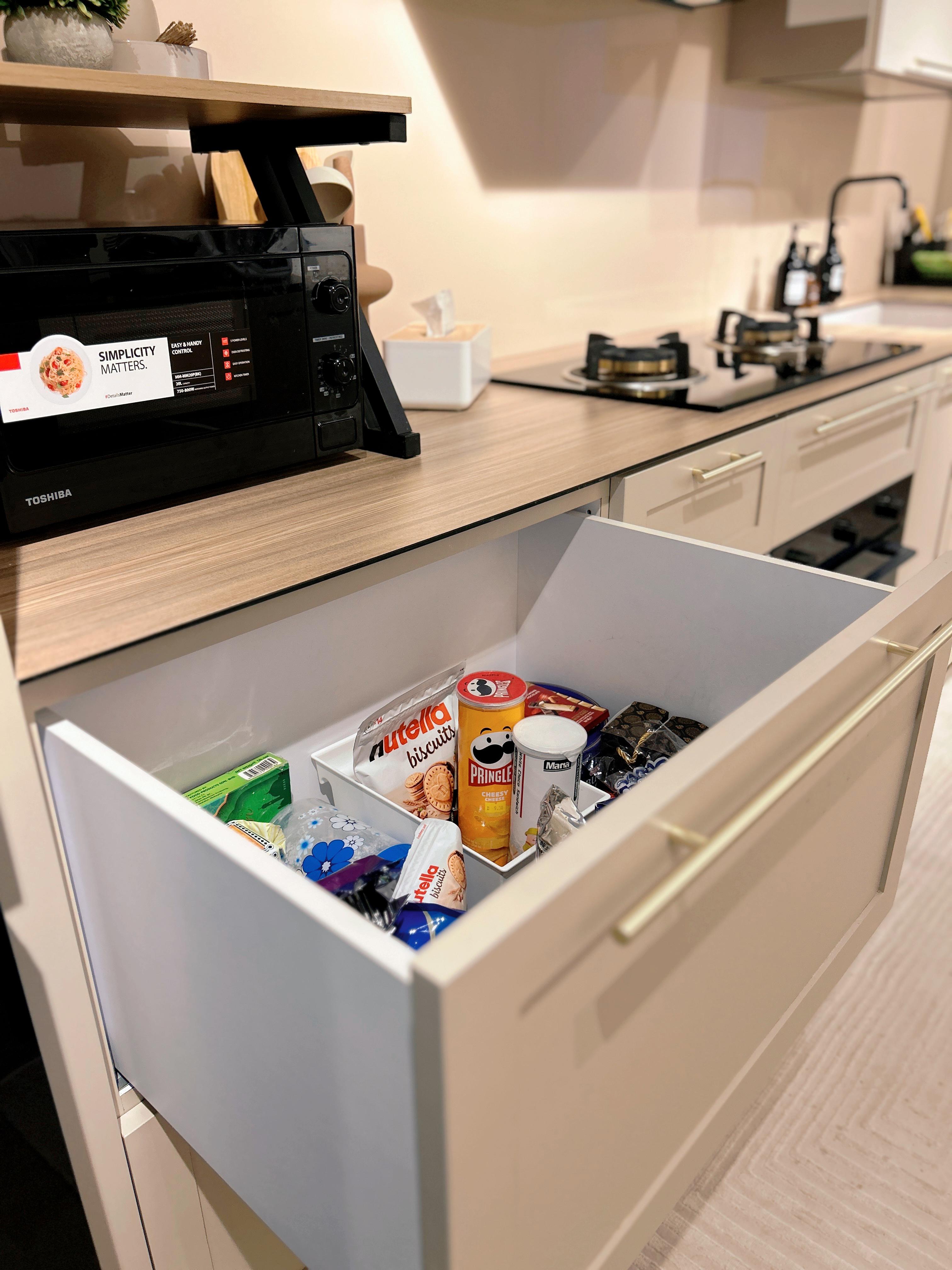 An Open-Concept Galley Kitchen: Where Style Meets Function - Kitchen drawer, open drawer, Nespresso machine, Toshiba toaster