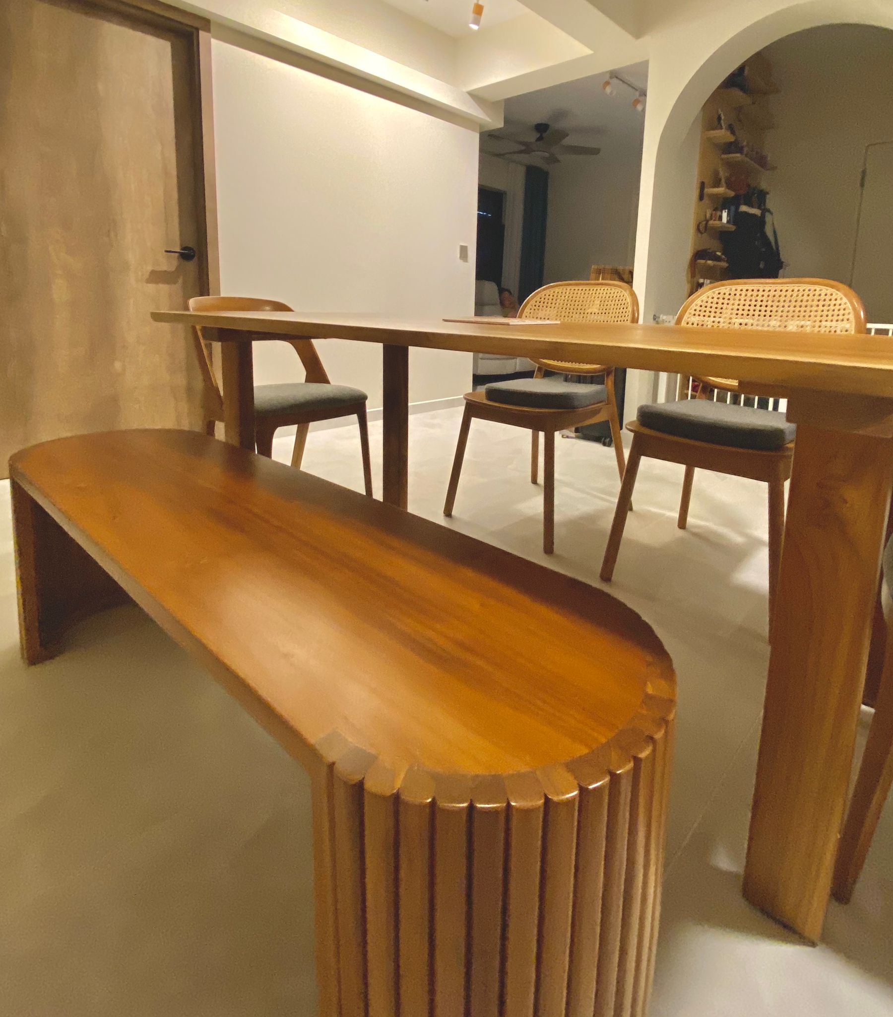 Dining in wood and tropical serenity - Wooden dining table and bench, minimalist interior design, modern furniture, wooden