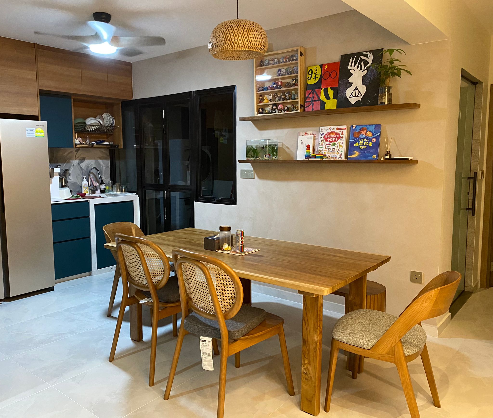 Dining in wood and tropical serenity - Wooden dining table, modern kitchen, wooden chairs, minimalist design, contemporary