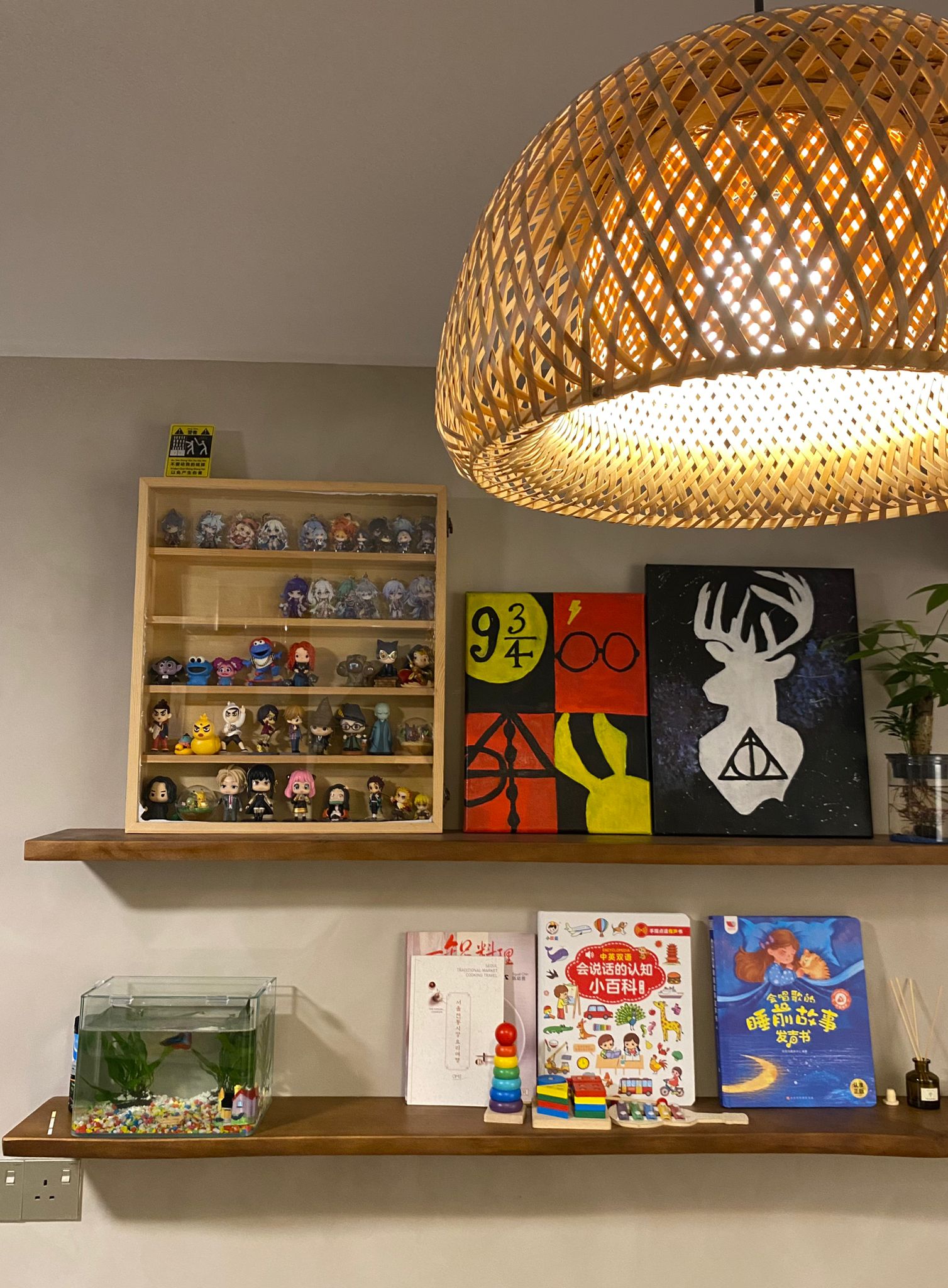 Dining in wood and tropical serenity - wireframe lantern, wooden shelf, anime figurines, colorful artwork, black and white