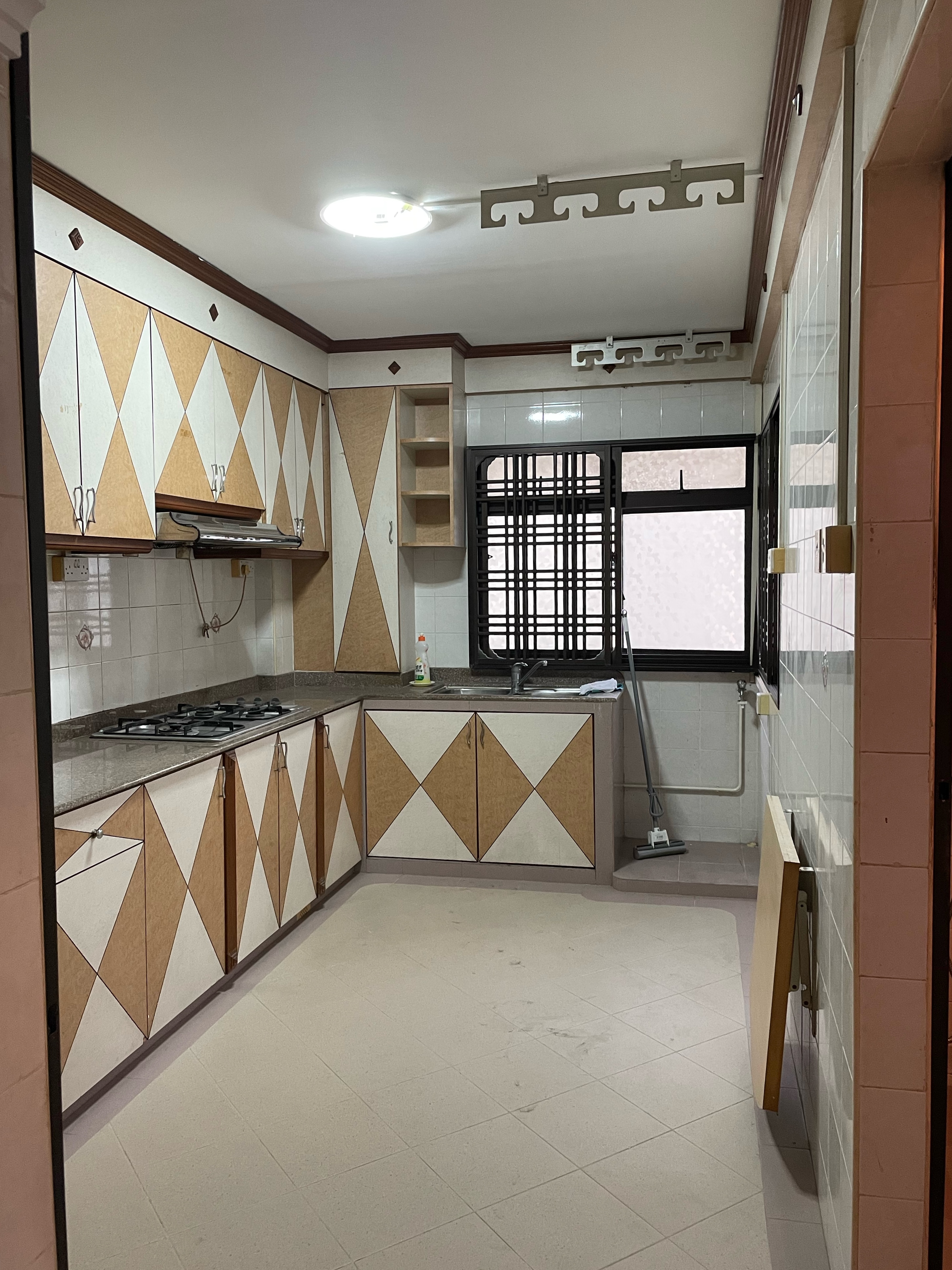 Creating a service yard for under $2.3k - Modern kitchen with geometric patterned cabinets, beige and brown tones, stainless