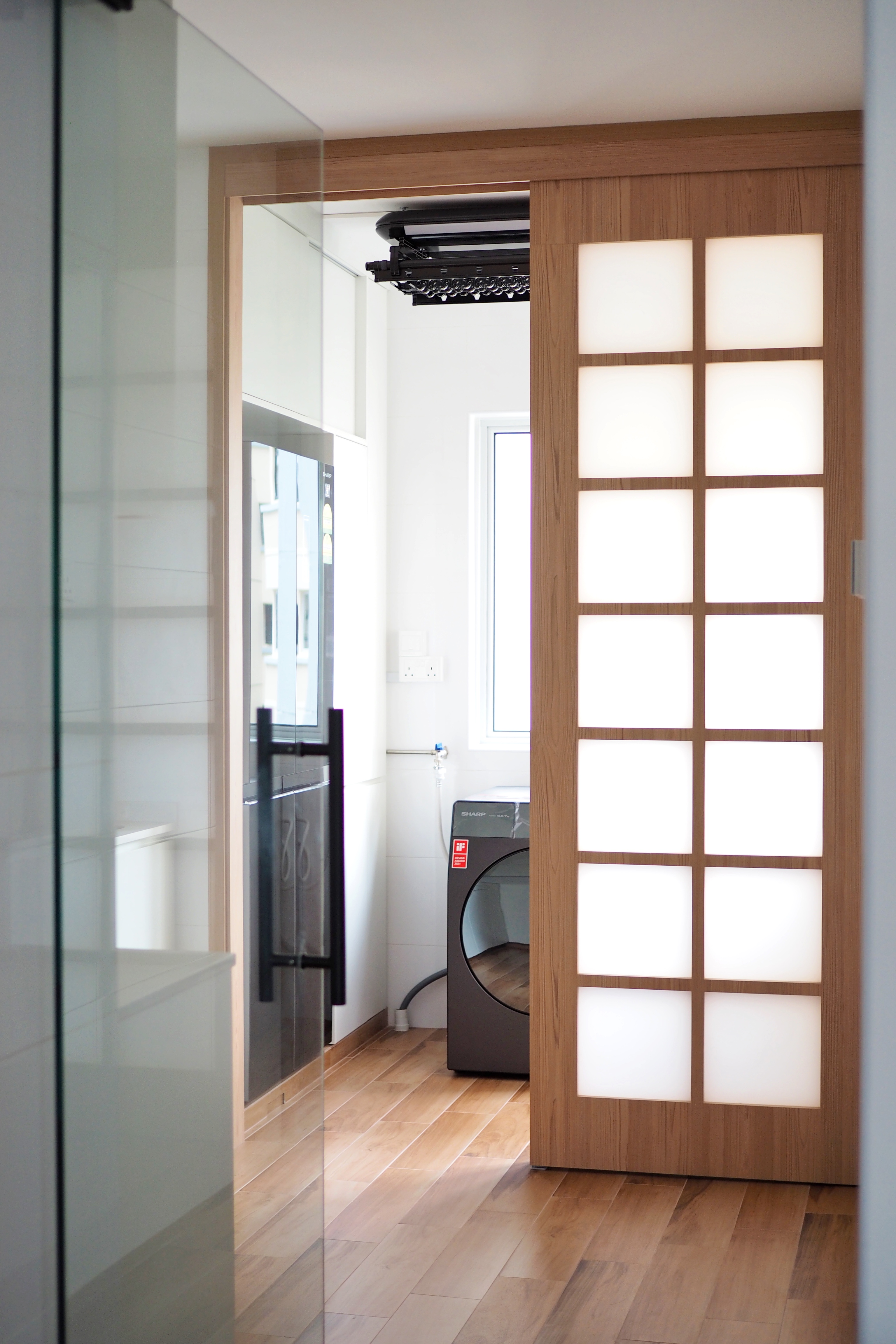 Creating a service yard for under $2.3k - Wooden door with translucent panels, modern interior design, glass partition