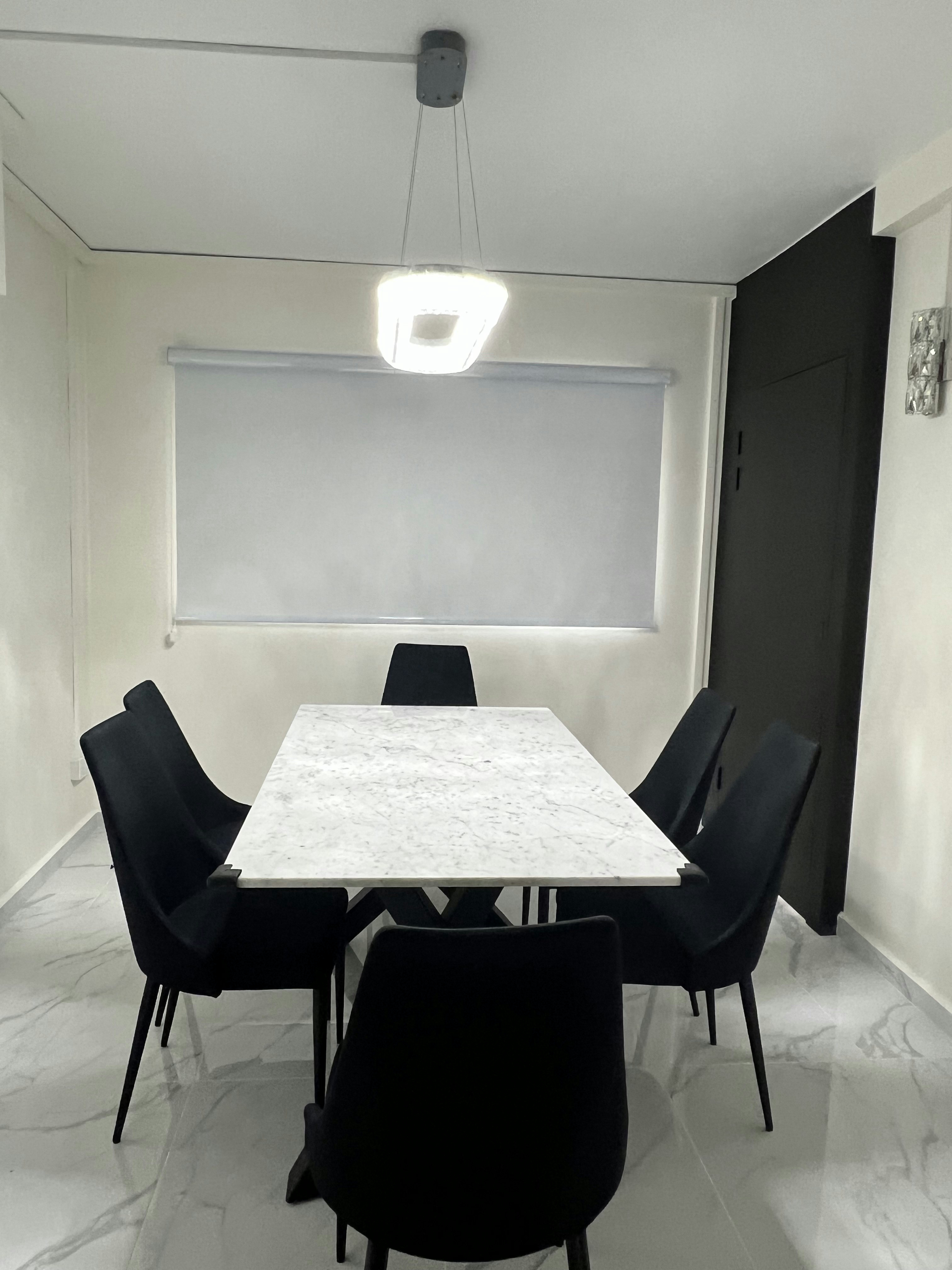 Our Dining Room & Dry Kitchen! Drop a comment with your styling tips - Modern minimalist dining room, sleek black chairs