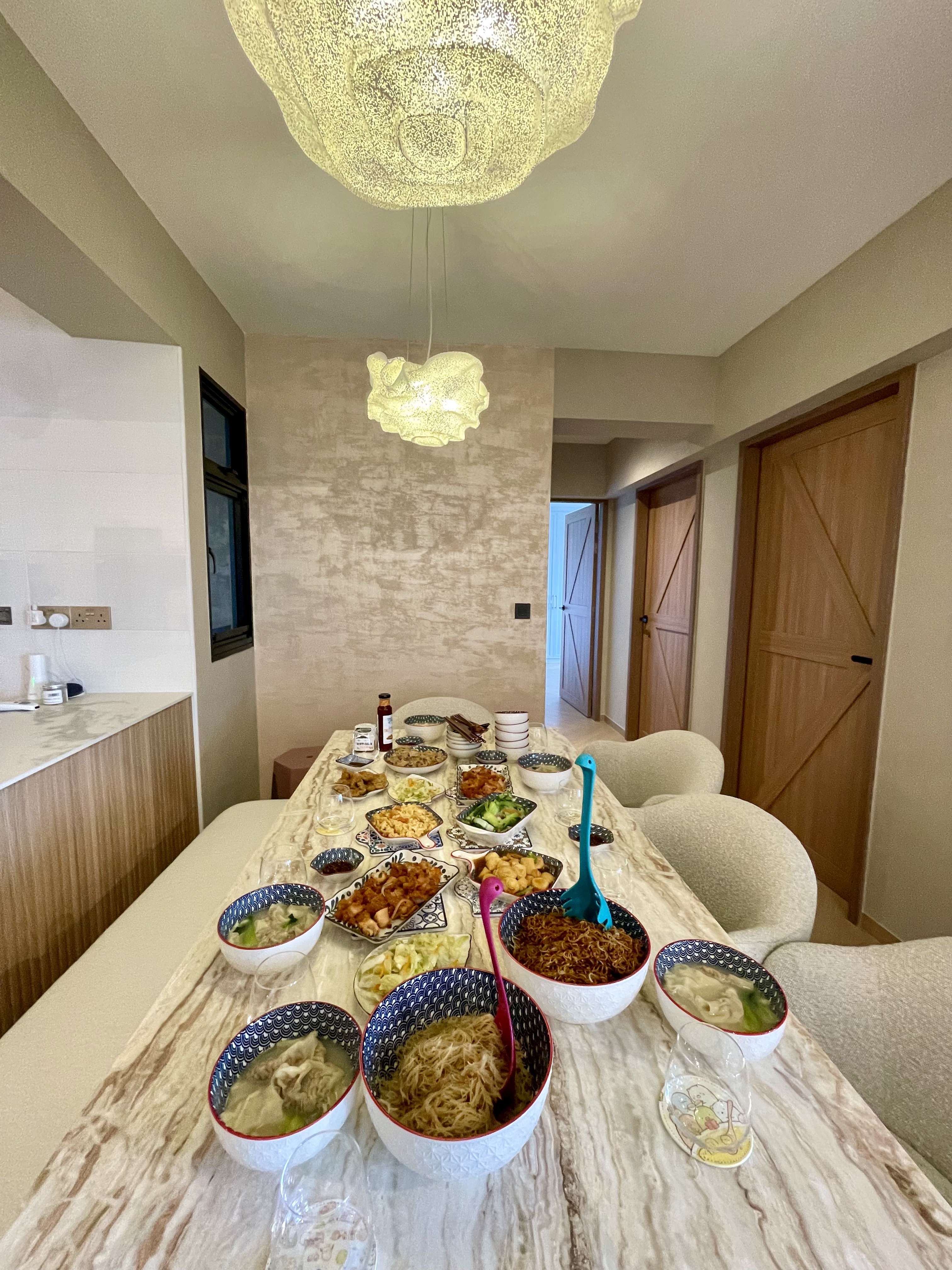 Our Dining Space: Where Fluted Meets Herringbone 🍽️✨ - Modern dining room, dining table, colorful bowls, various dishes