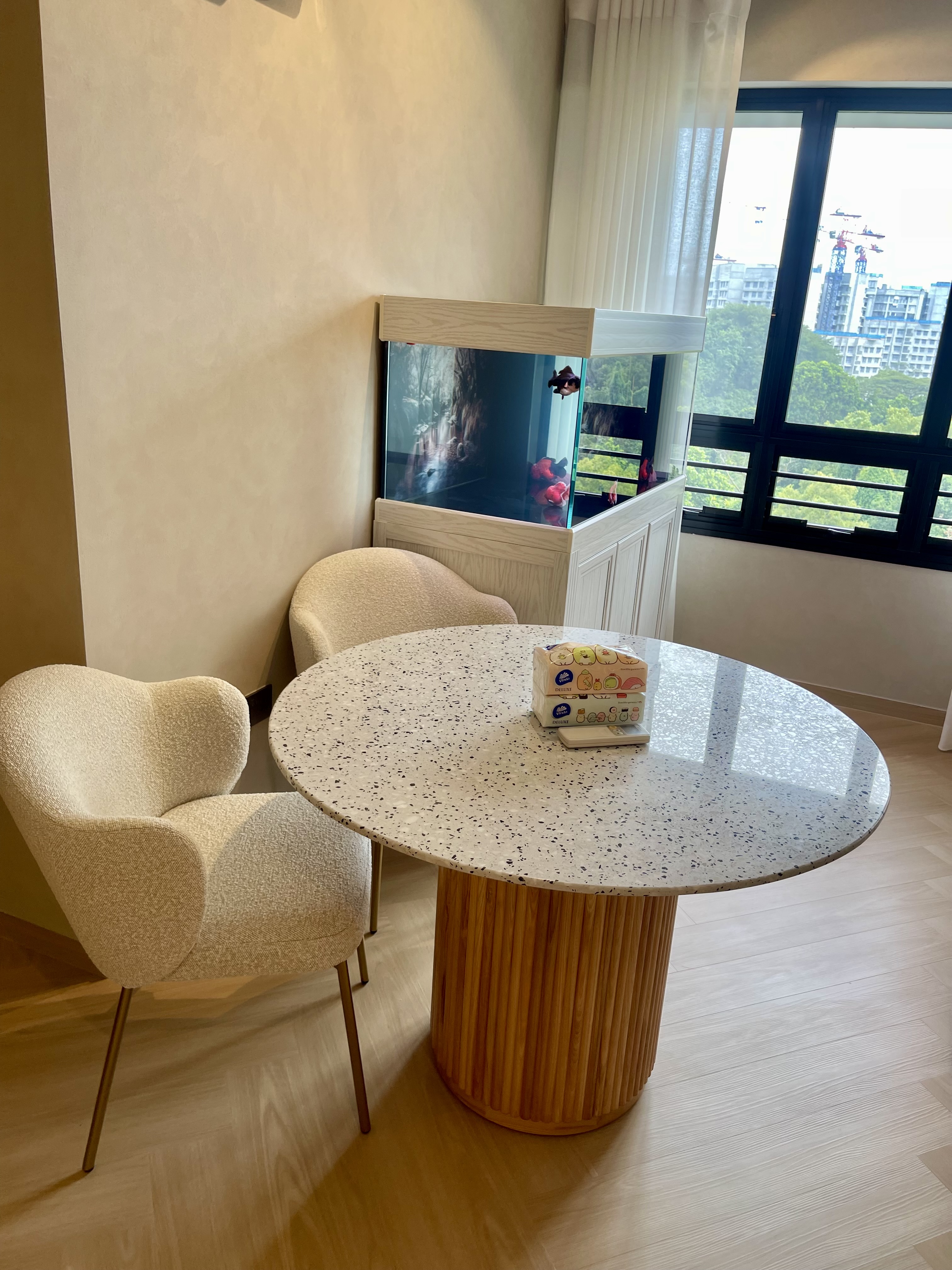 Our Dining Space: Where Fluted Meets Herringbone 🍽️✨ - Modern living room, cozy seating, beige armchairs, round table