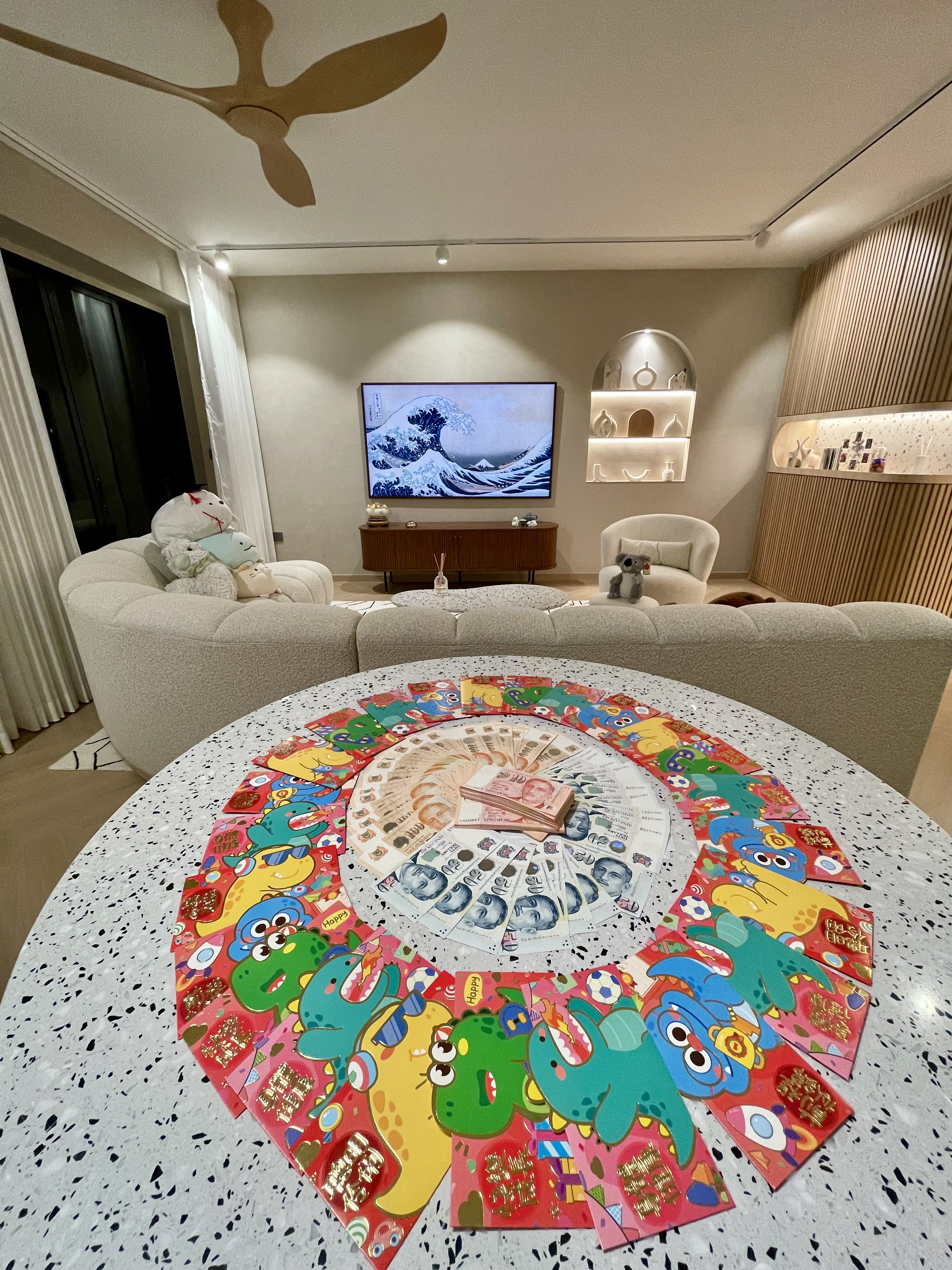 Our Dining Space: Where Fluted Meets Herringbone 🍽️✨ - Modern living room with plush seating and contemporary decor