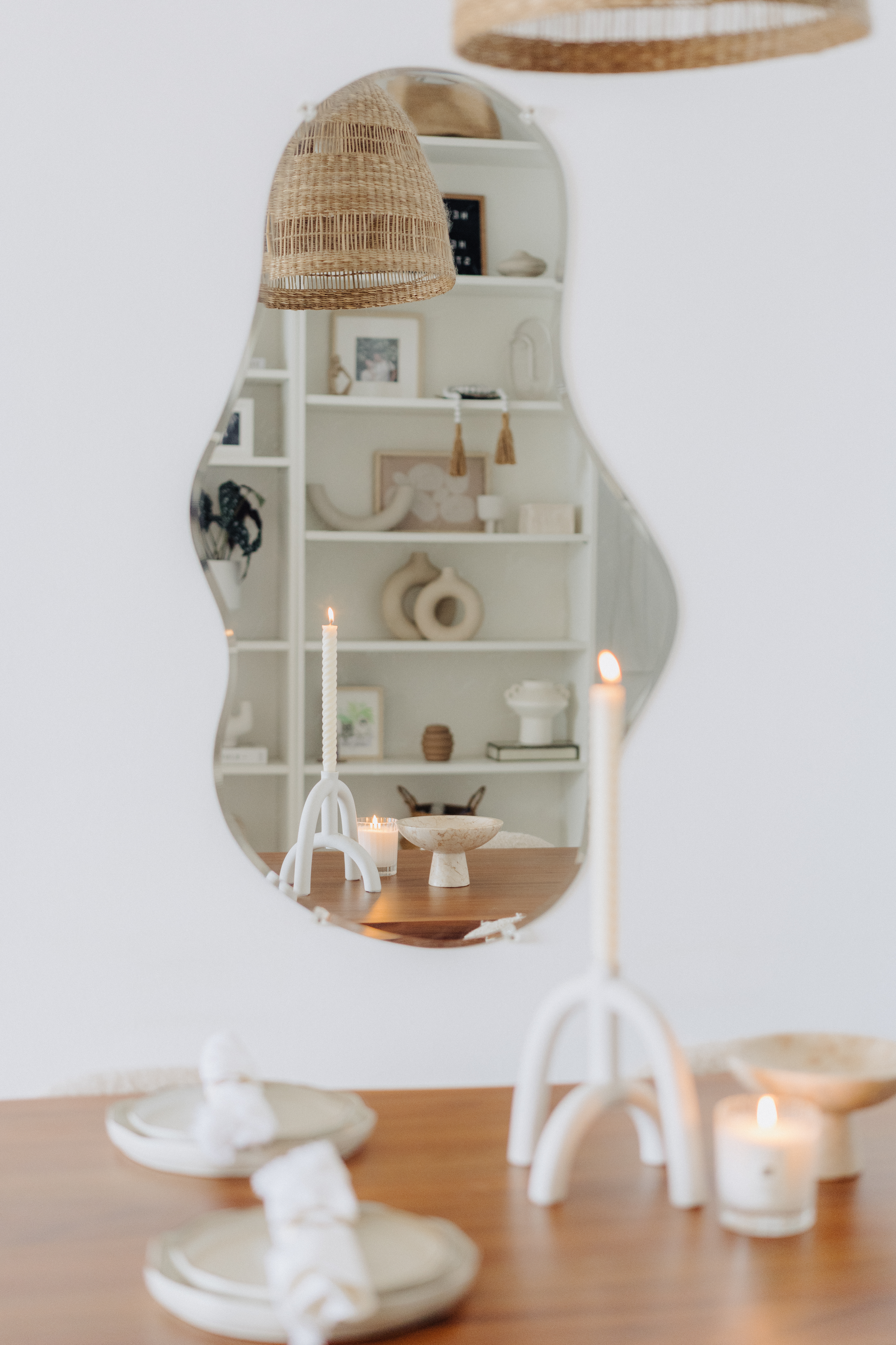 Our Dining Room: Making Magic With Styling✨ - White candle, minimalist decor, wooden table, modern art, woven lampshade