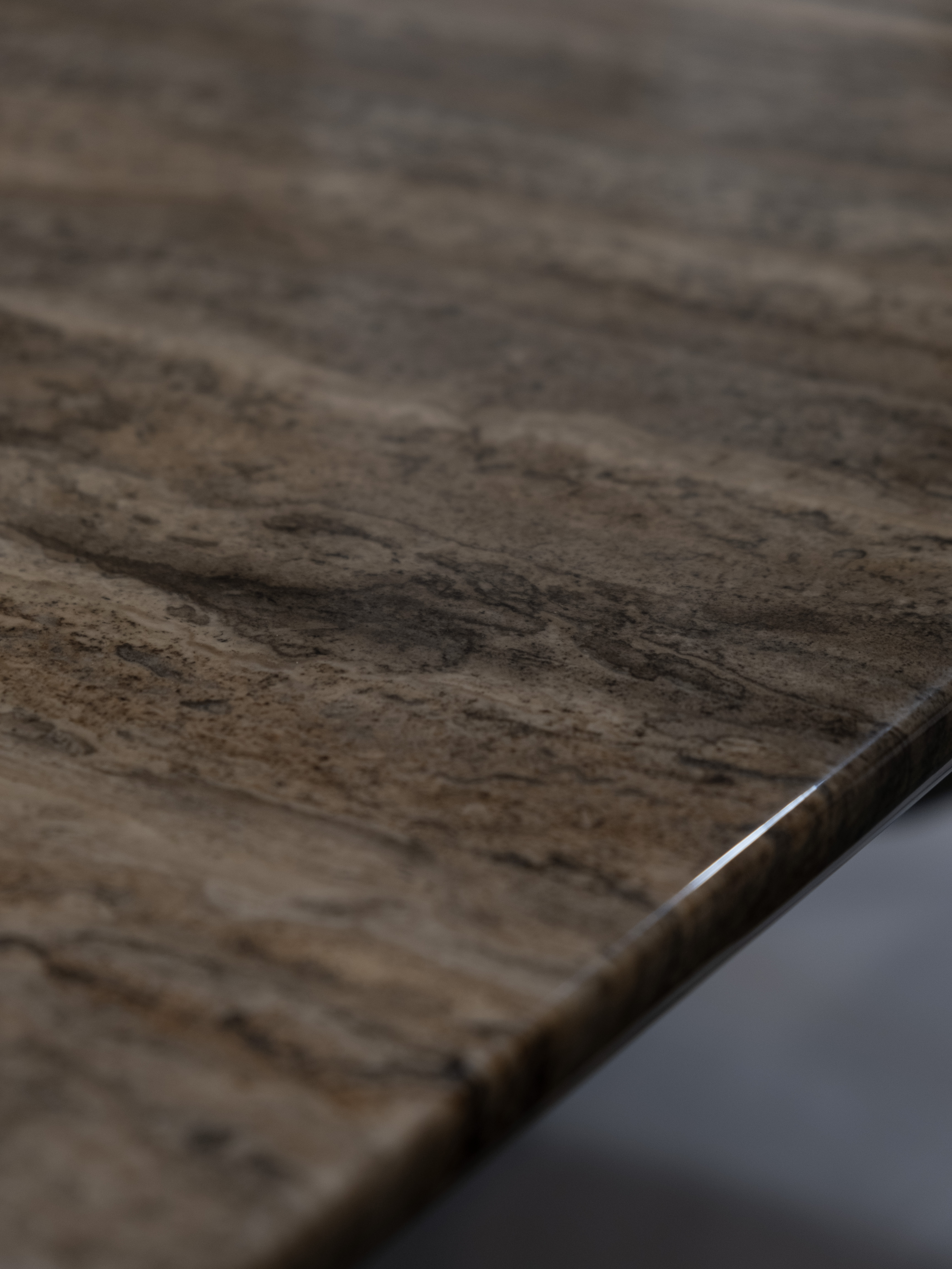 Turning Kitchen to Cosy Dining Area - Dark brown marble surface, glossy finish, intricate patterns, subtle texture, natural