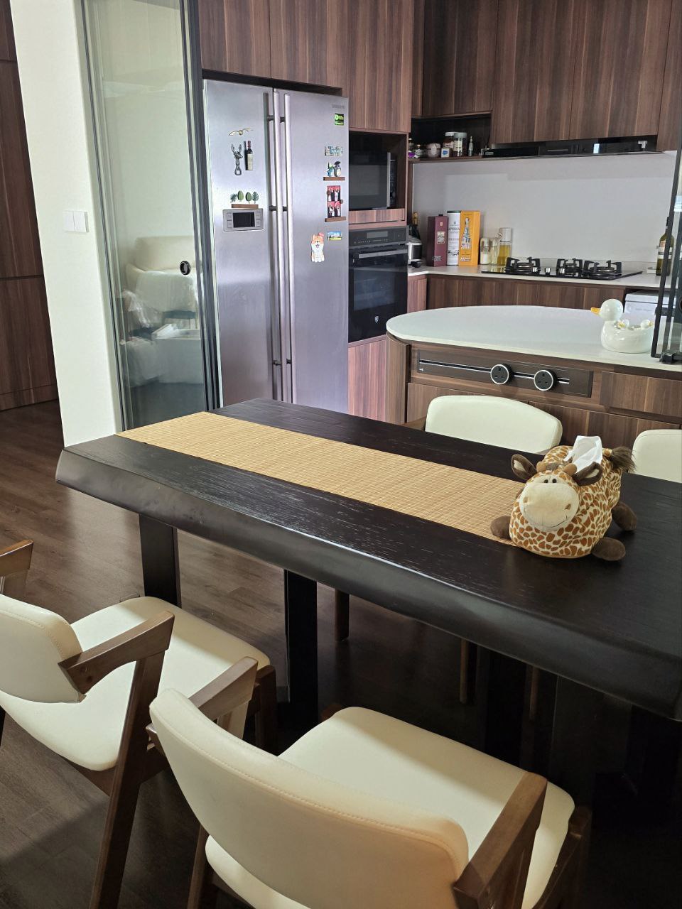 Warm & Cosy Taobao Dining Space - modern kitchen, contemporary dining room, sleek appliances, stainless steel refrigerator