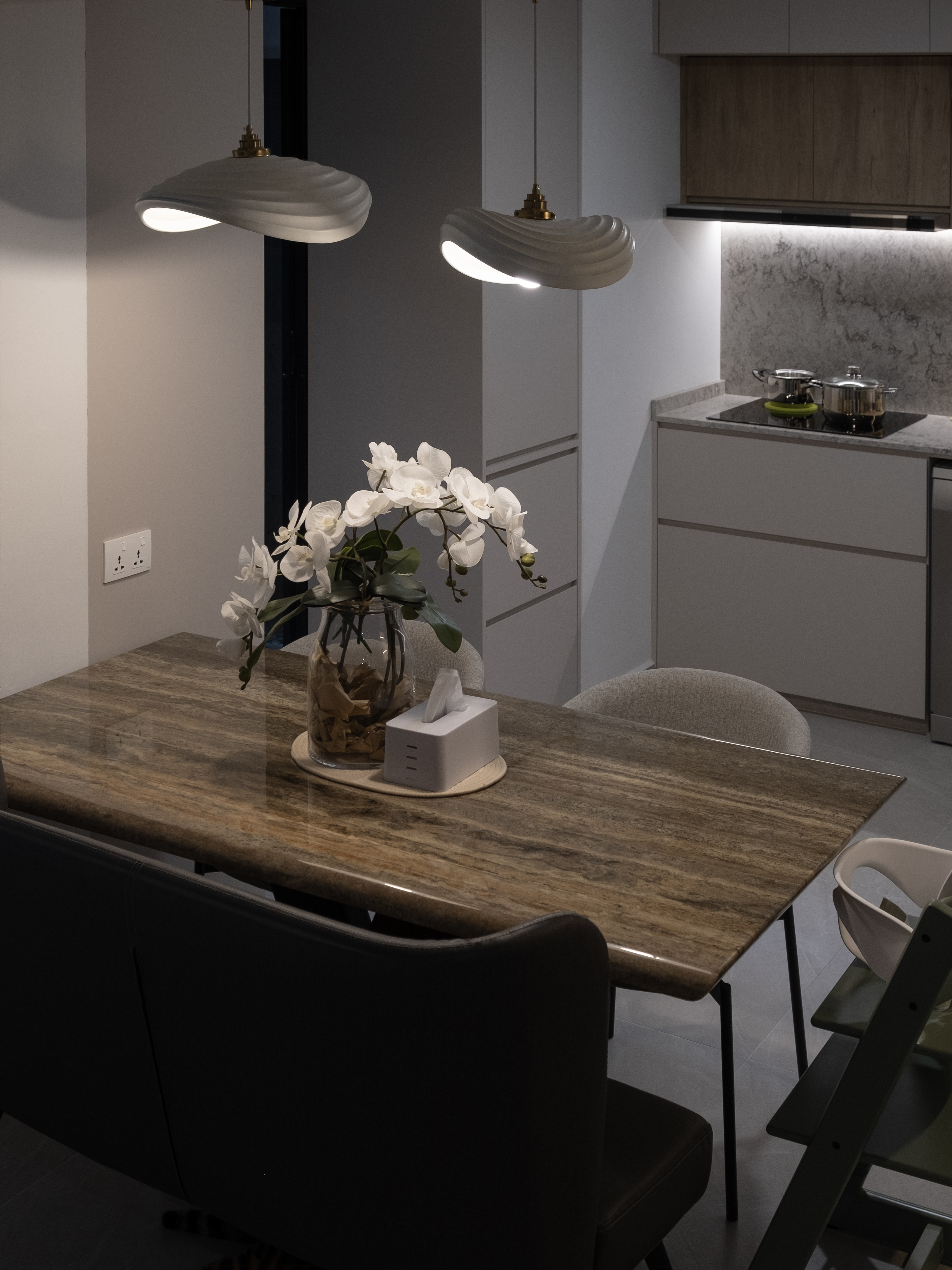 Turning Kitchen to Cosy Dining Area - modern kitchen, contemporary design, minimalist decor, sleek cabinets, marble