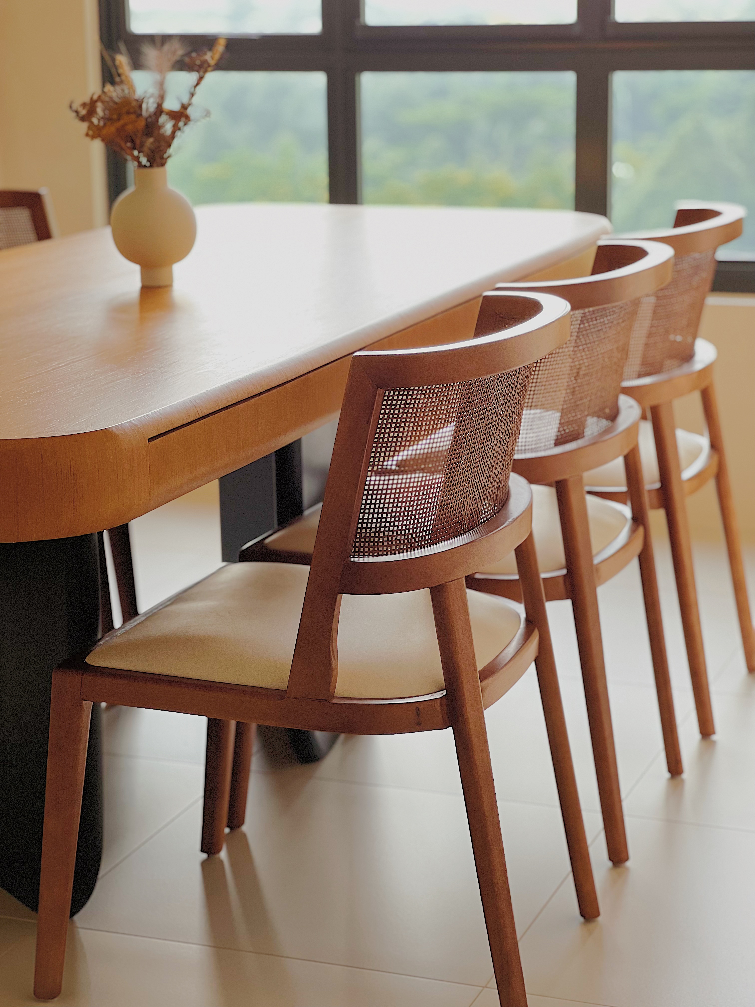 Come experience Japandi Minimalism: Our Dining Room  - modern dining room, wooden table, beige chairs, natural light, indoor