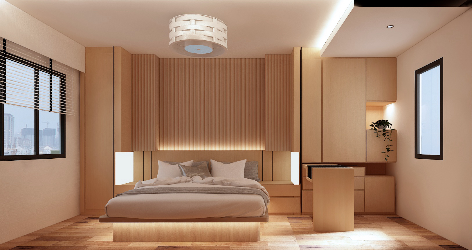Bedroom Edition - Inspiration become reality (mood image vs render) - Modern minimalist bedroom, neutral color palette, large