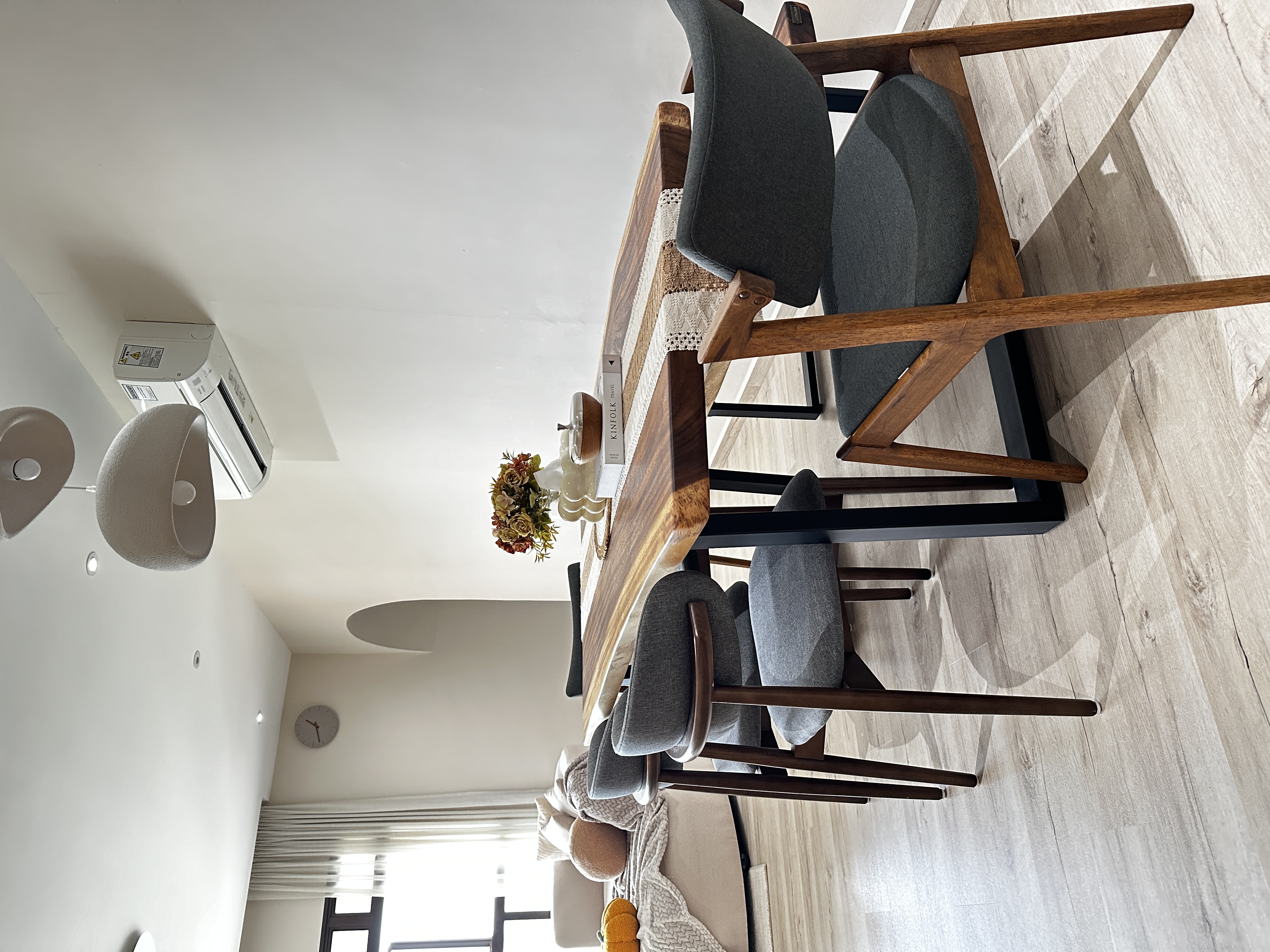 Dining Area - a cosy place where we host family and friends - modern dining room, wooden dining table, gray upholstered
