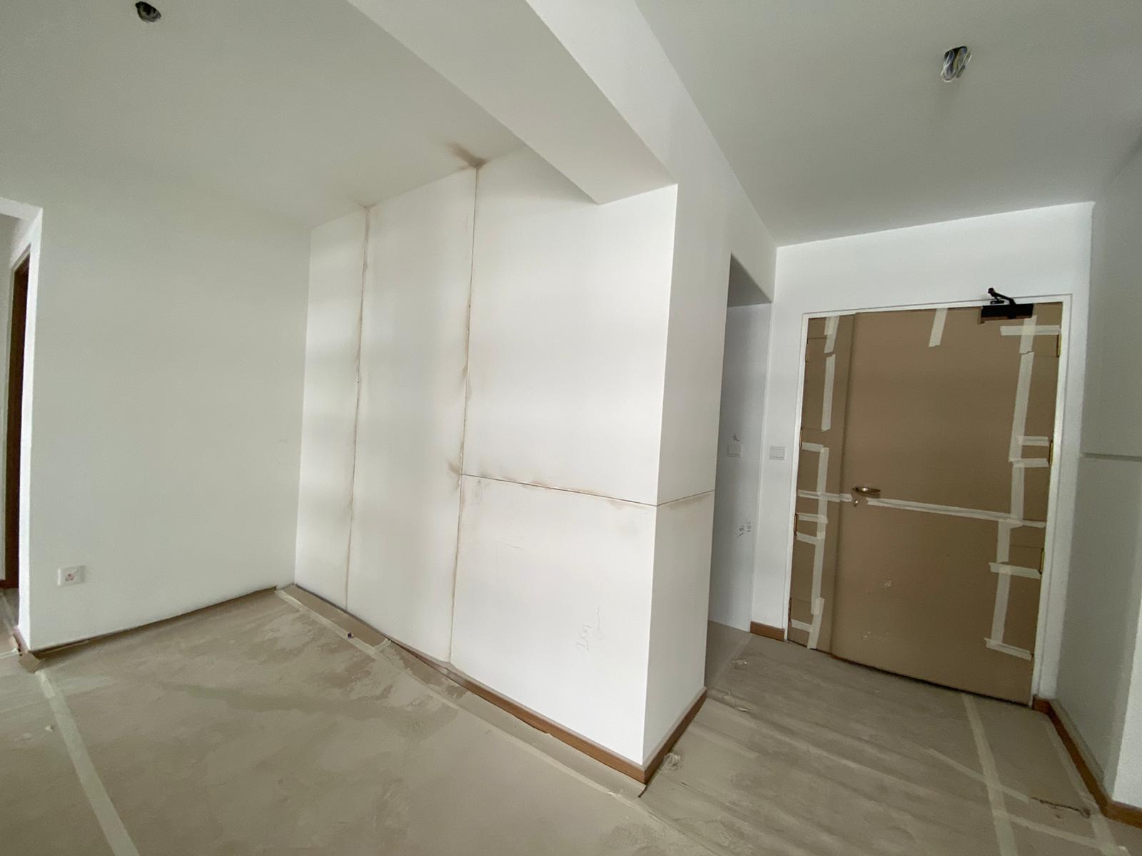 Our Dining Area: Aesthetic dining vibes - White walls, unfinished ceiling, beige floor, construction site, wooden trim, taped