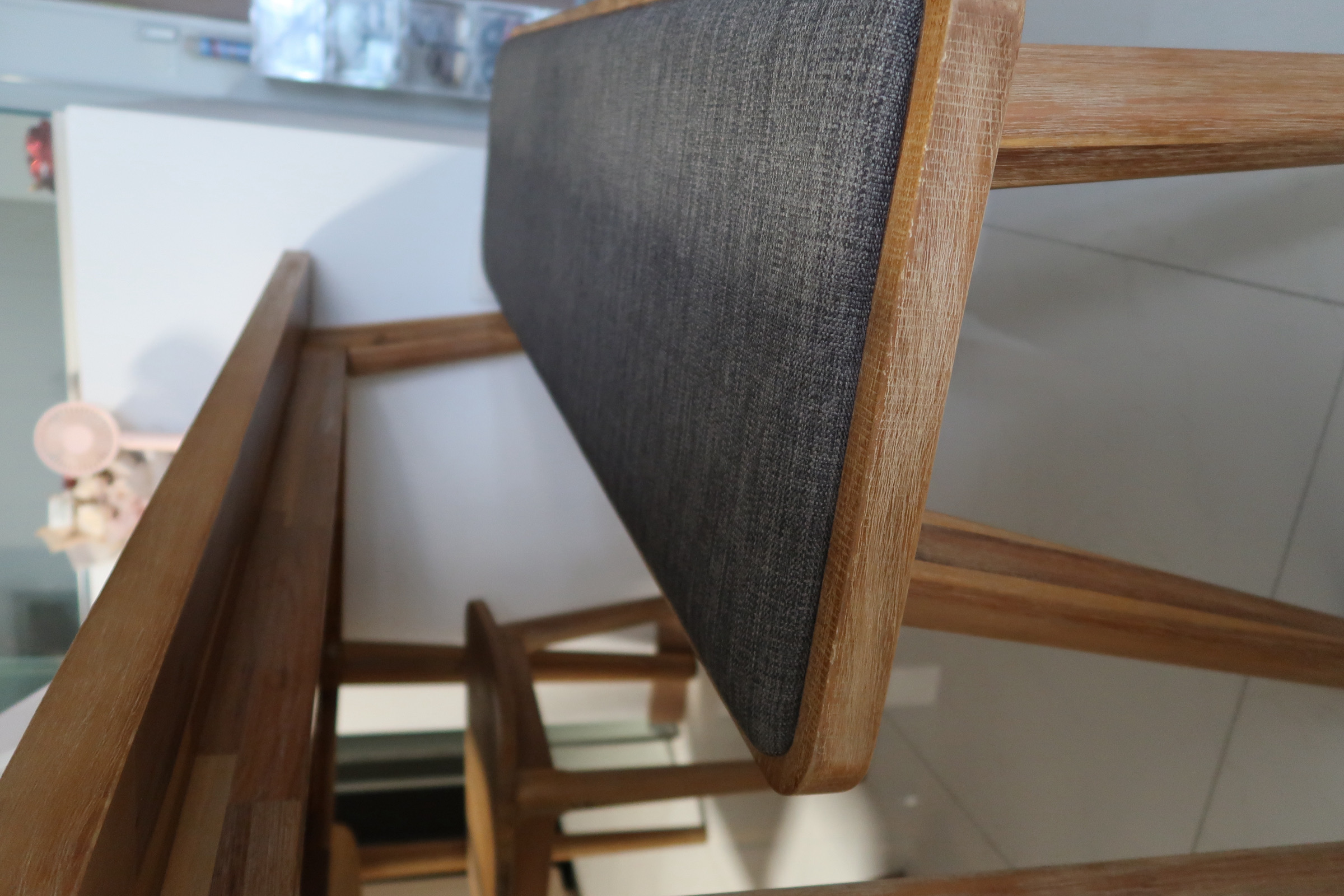 Our Dining Area: Aesthetic dining vibes - Wooden chair, modern design, fabric upholstery, wooden frame, minimalist style