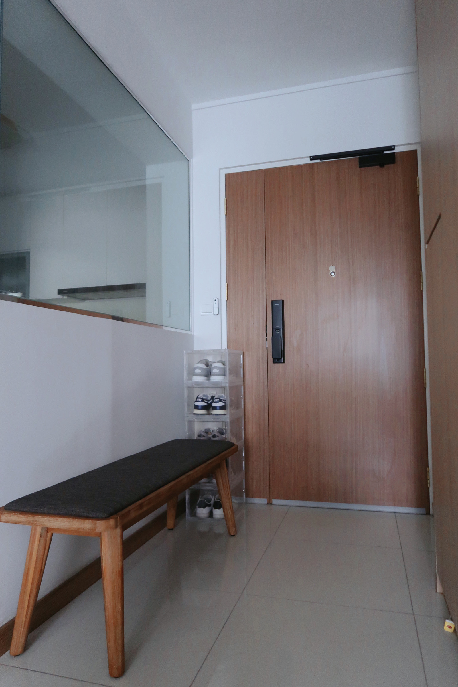 Our Dining Area: Aesthetic dining vibes - Wooden bench, minimalist design, modern interior, glass railing, white walls