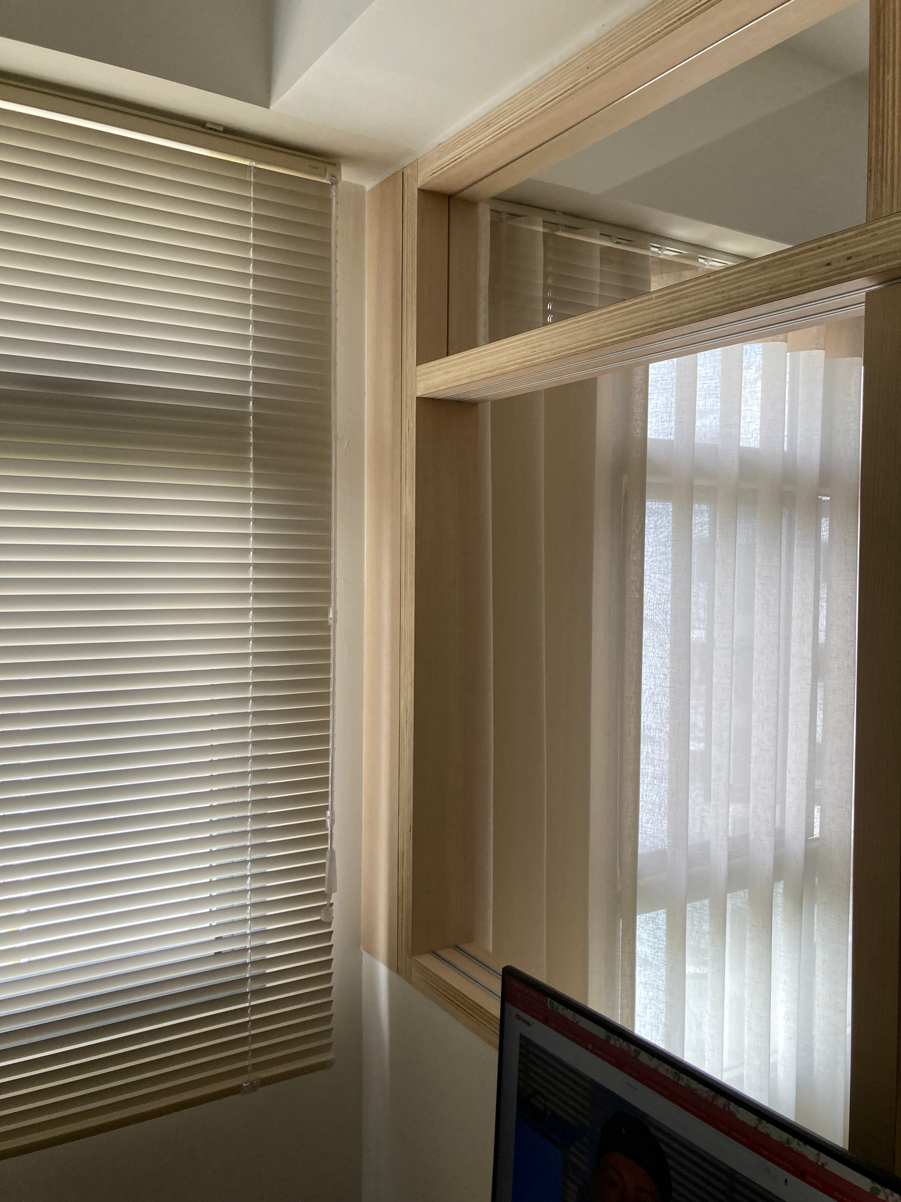 Splurged on curtains and blinds - no regrets! - Wooden window frame, blinds, light filtering, natural light, indoor setting