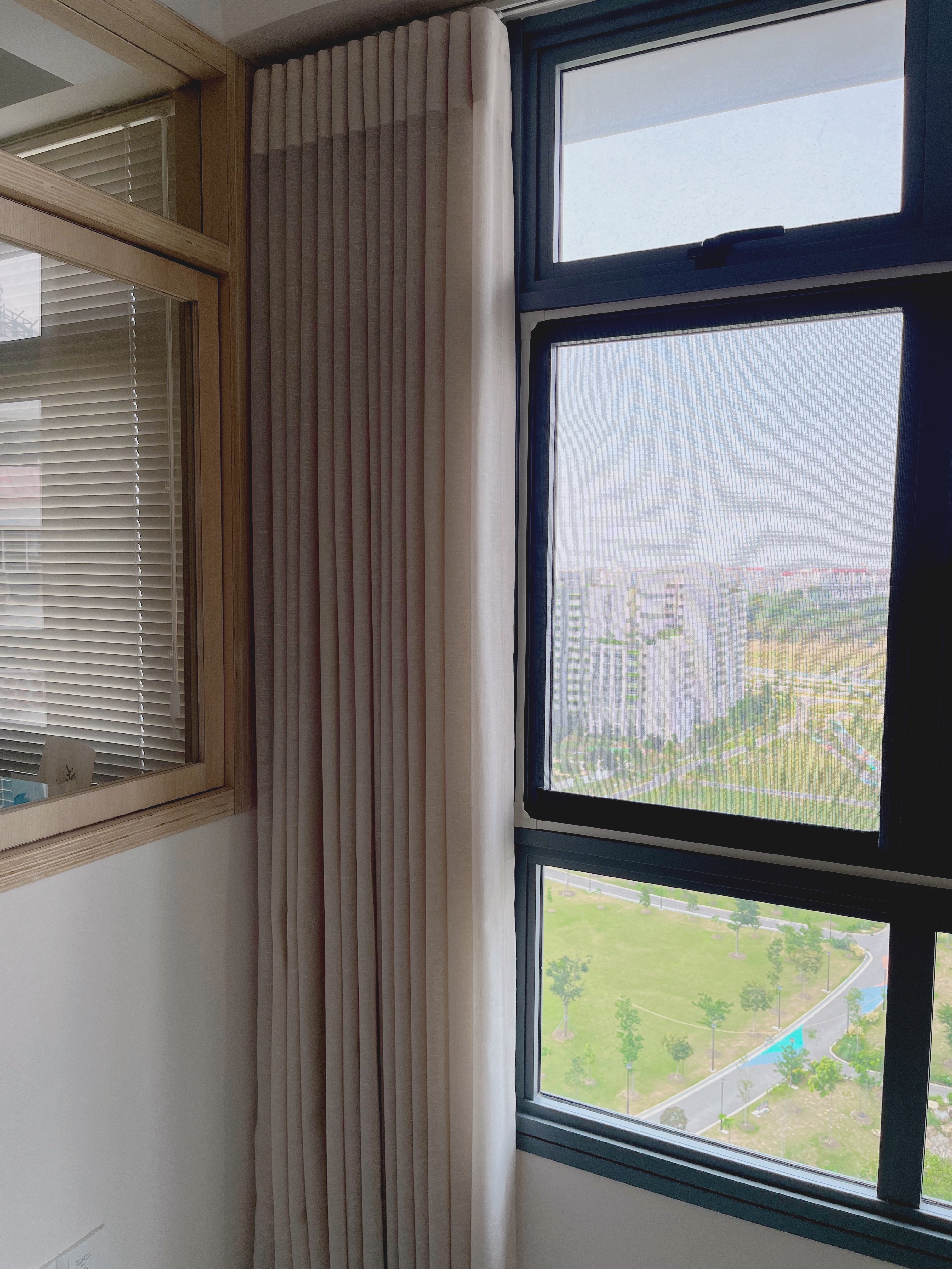 Splurged on curtains and blinds - no regrets! - Wooden window frame, beige curtains, blue window frame, white blinds, indoor