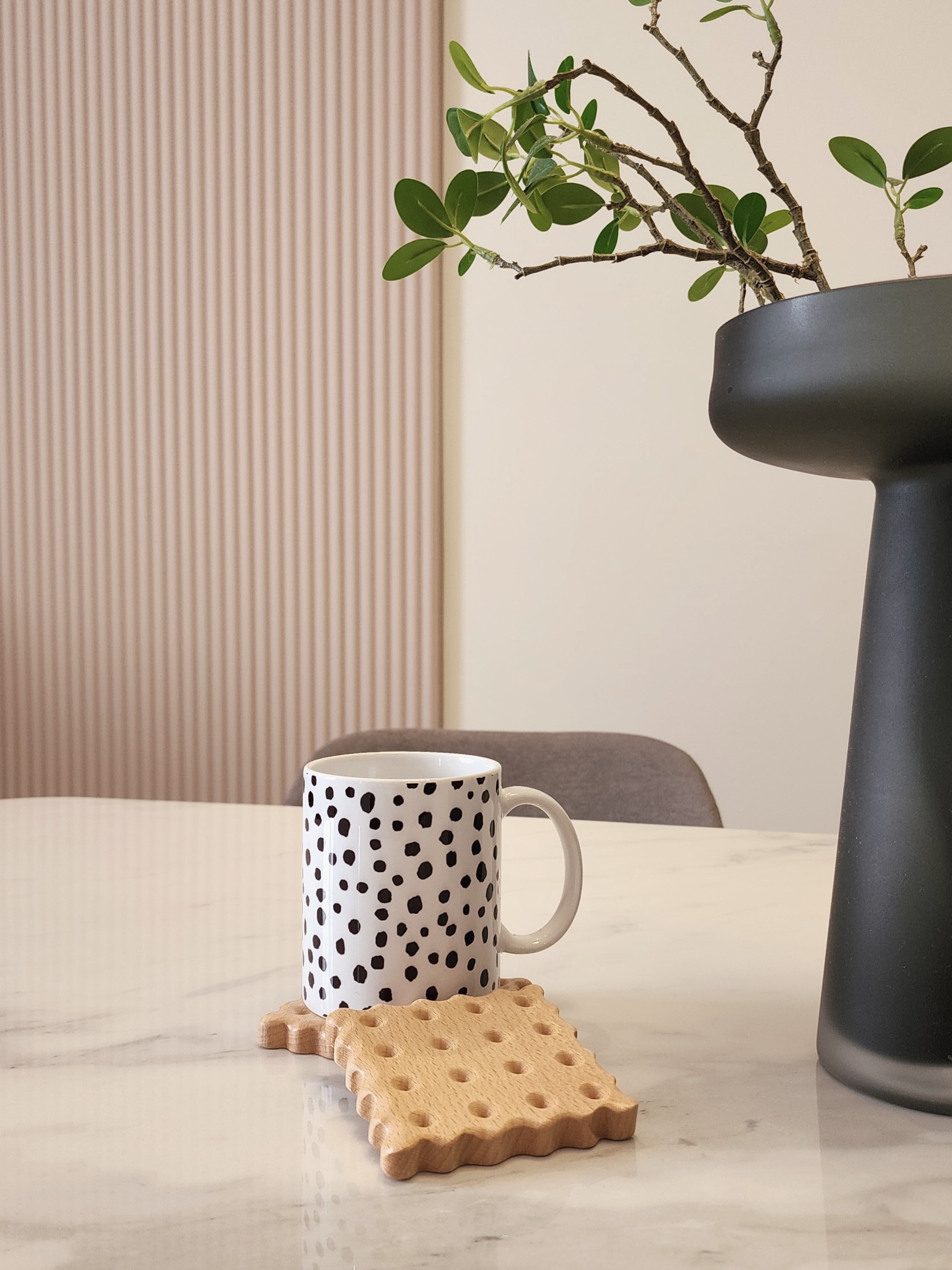 Our Dining Area: Simple, Fuss-Free, Perfect For This Season In Life  - White polka-dotted mug, wooden coaster, small
