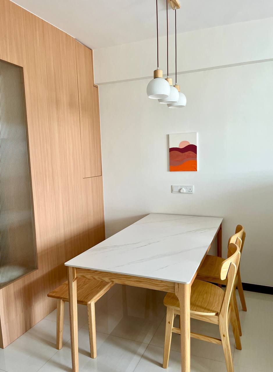 Our Japandi Minimalist Dining Area - Wooden dining table, minimalist design, modern kitchen, white marble top, wooden chairs
