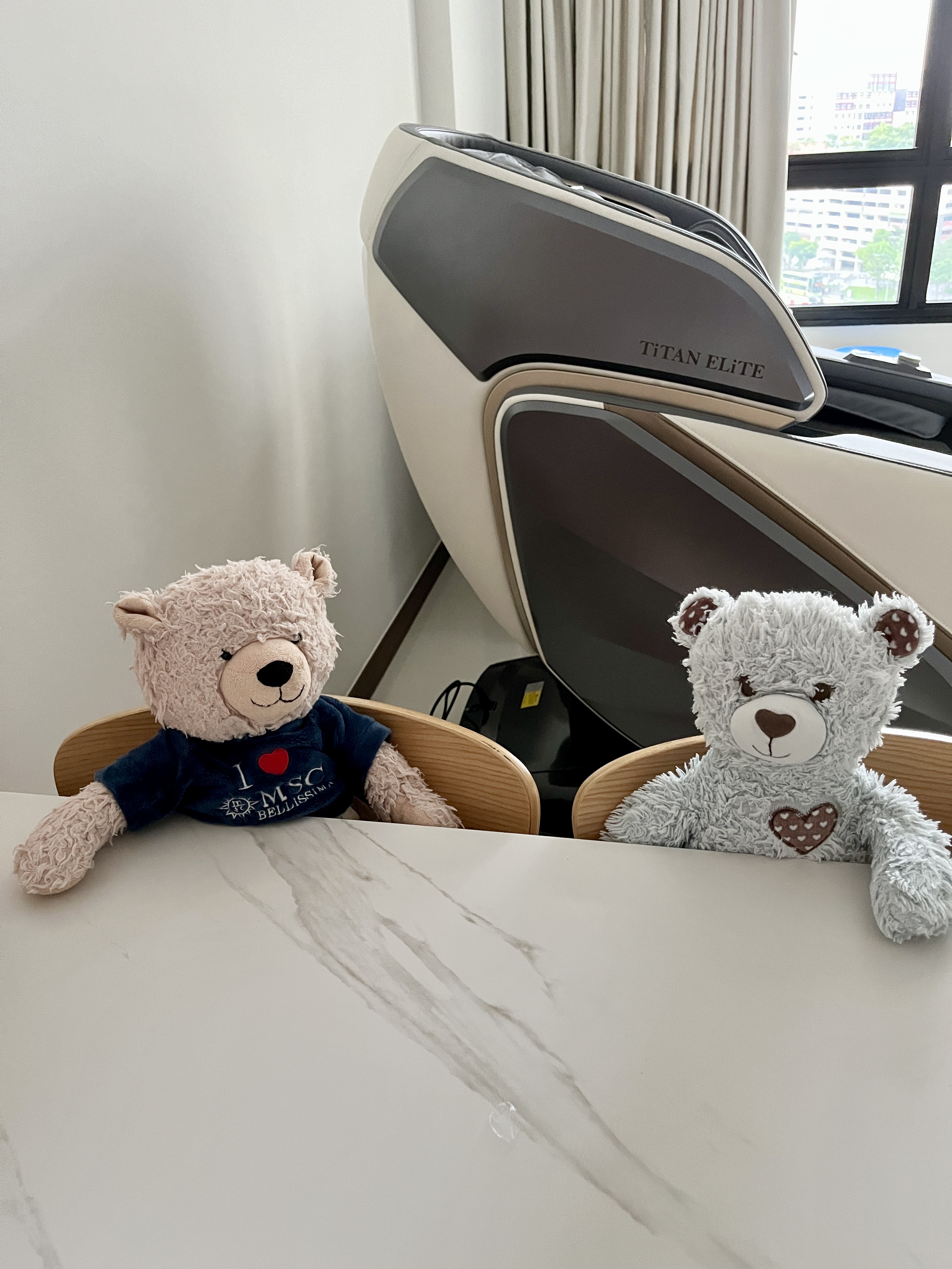 Our Japandi Minimalist Dining Area - Teddy bears, plush toys, sitting, white marble table, modern room, minimalist decor