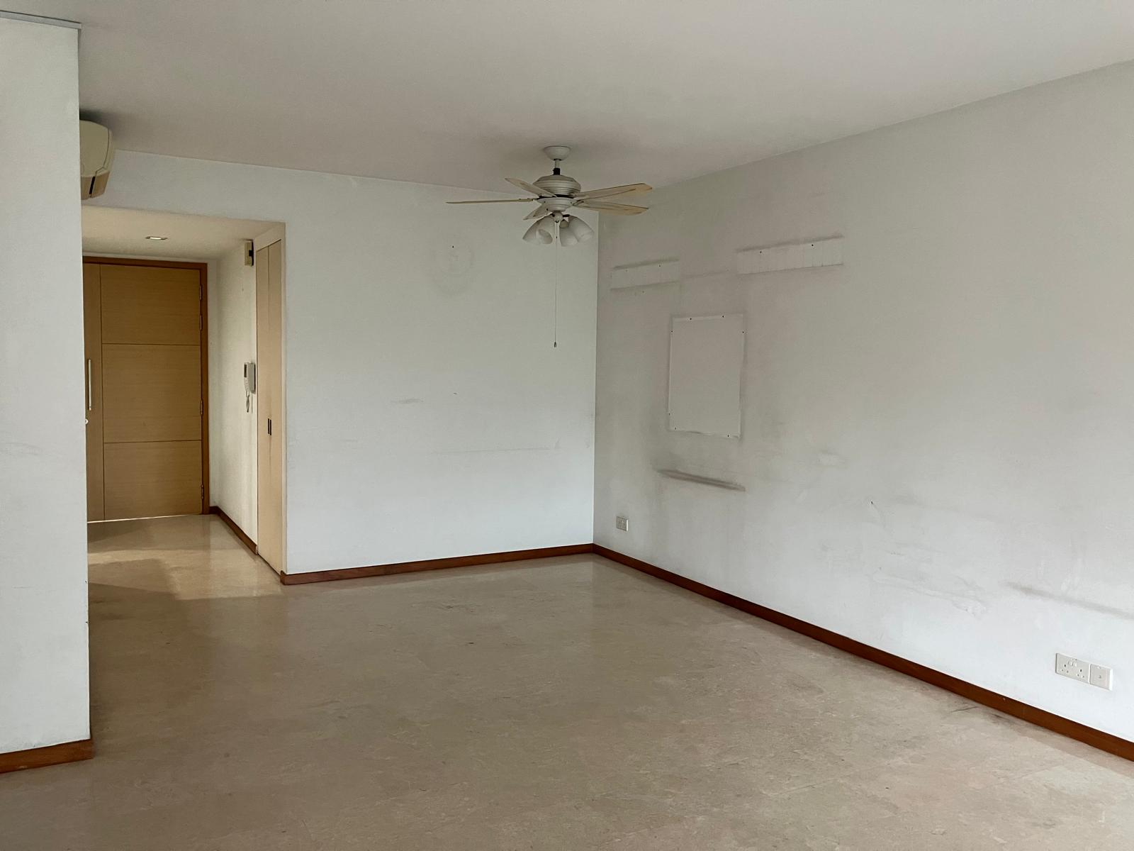Let the party begin! - At our dining room - White walls, wooden trim, ceiling fan, open door, light-colored floor, minimalist