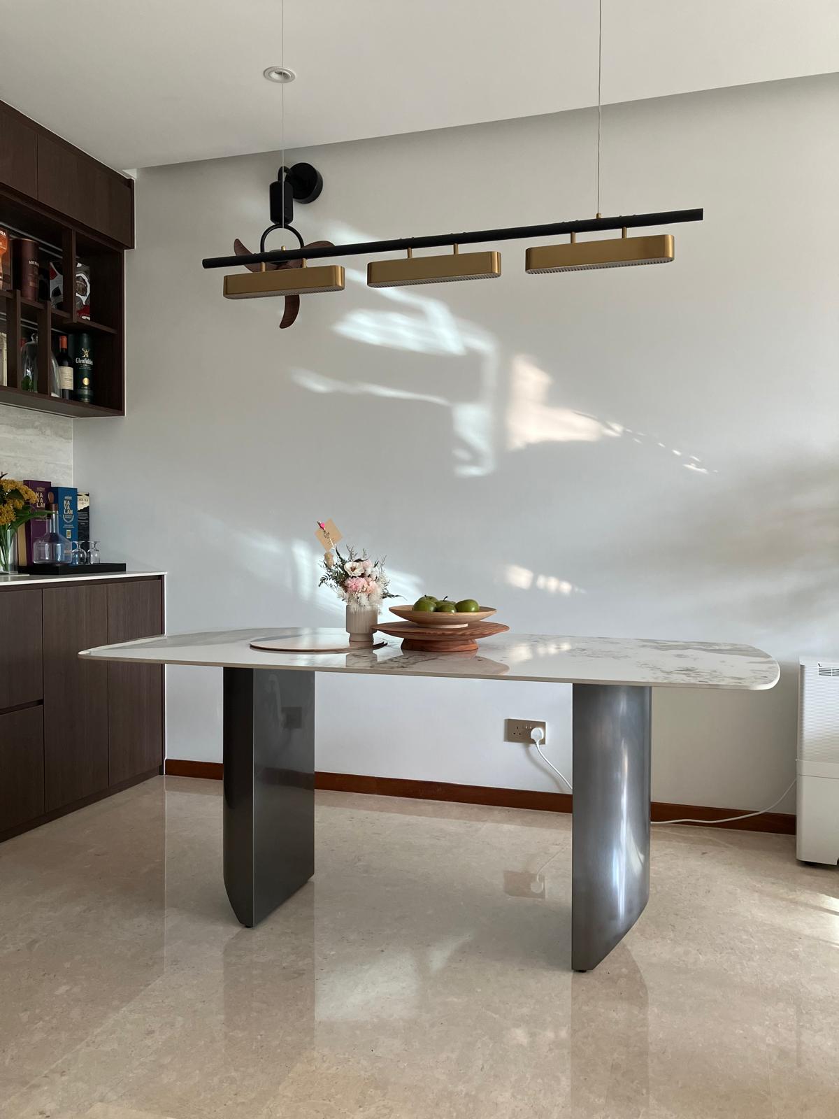 Let the party begin! - At our dining room - modern kitchen, minimalist design, sleek table, marble top, contemporary dining