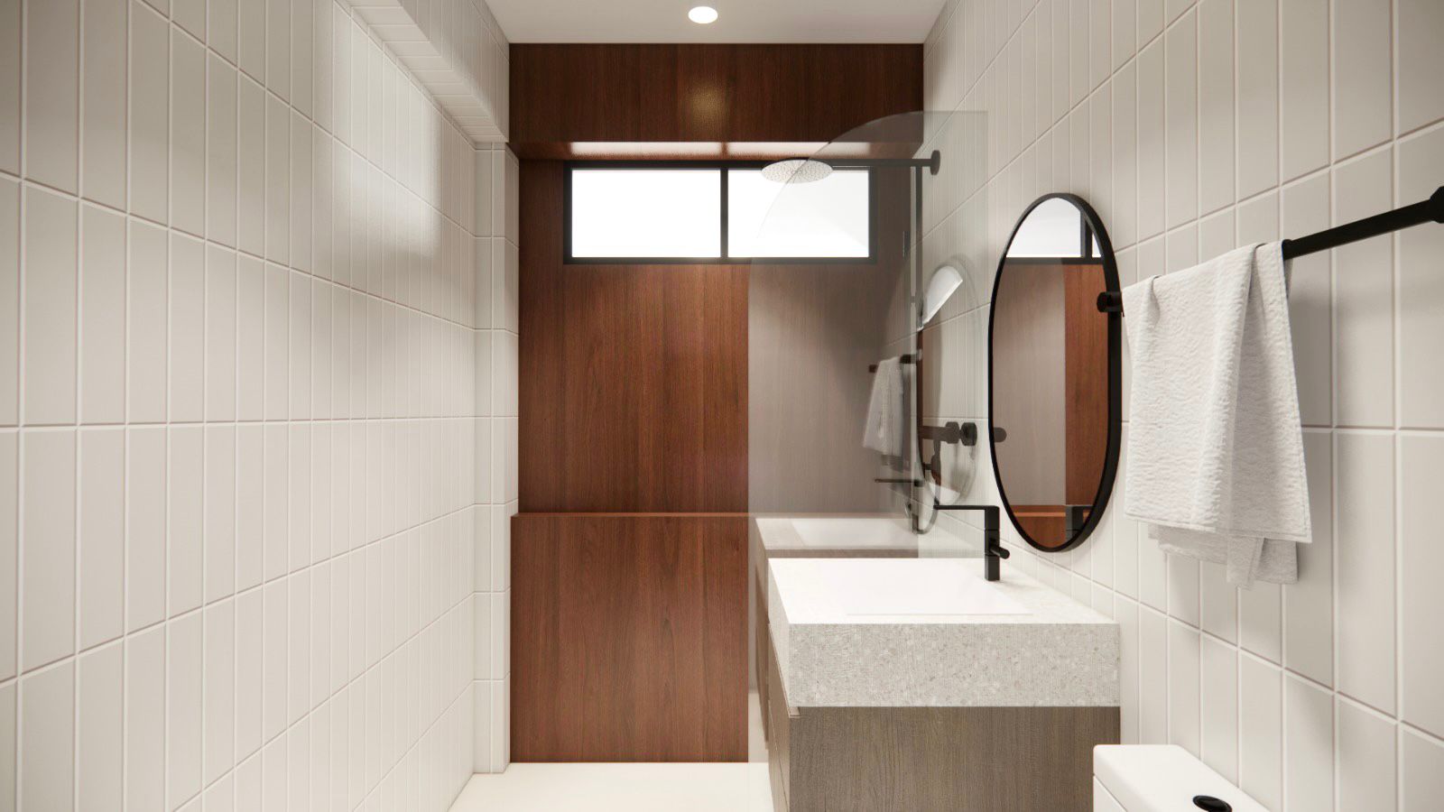 Renders vs Reality, some practical tips from our reno journey 🙊🙉 - Wooden bathroom vanity, white tiled walls, modern