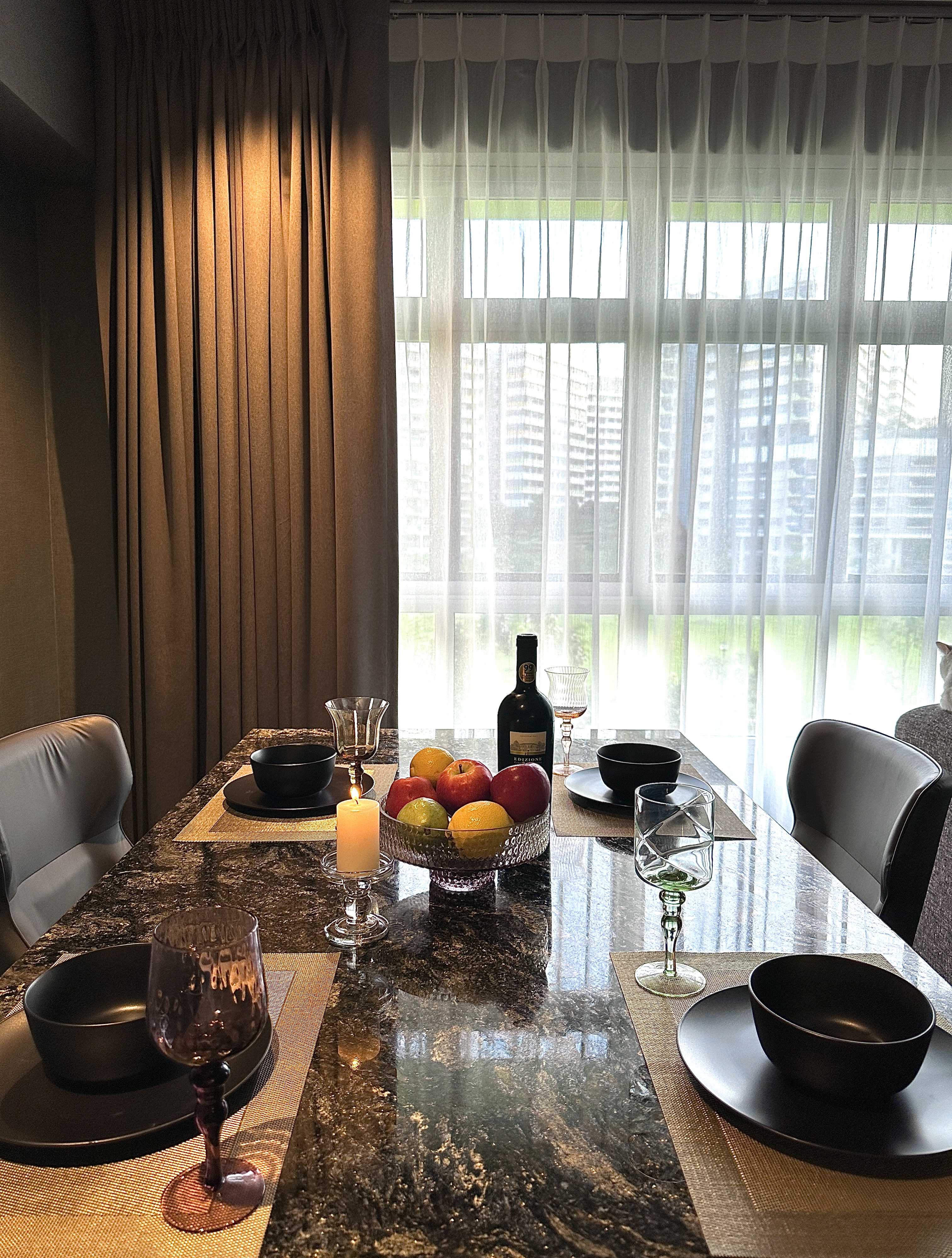 Elegant and Functional: A Glimpse of Our Dark Minimalist Dining Space - Modern dining room, elegant table setting, black and