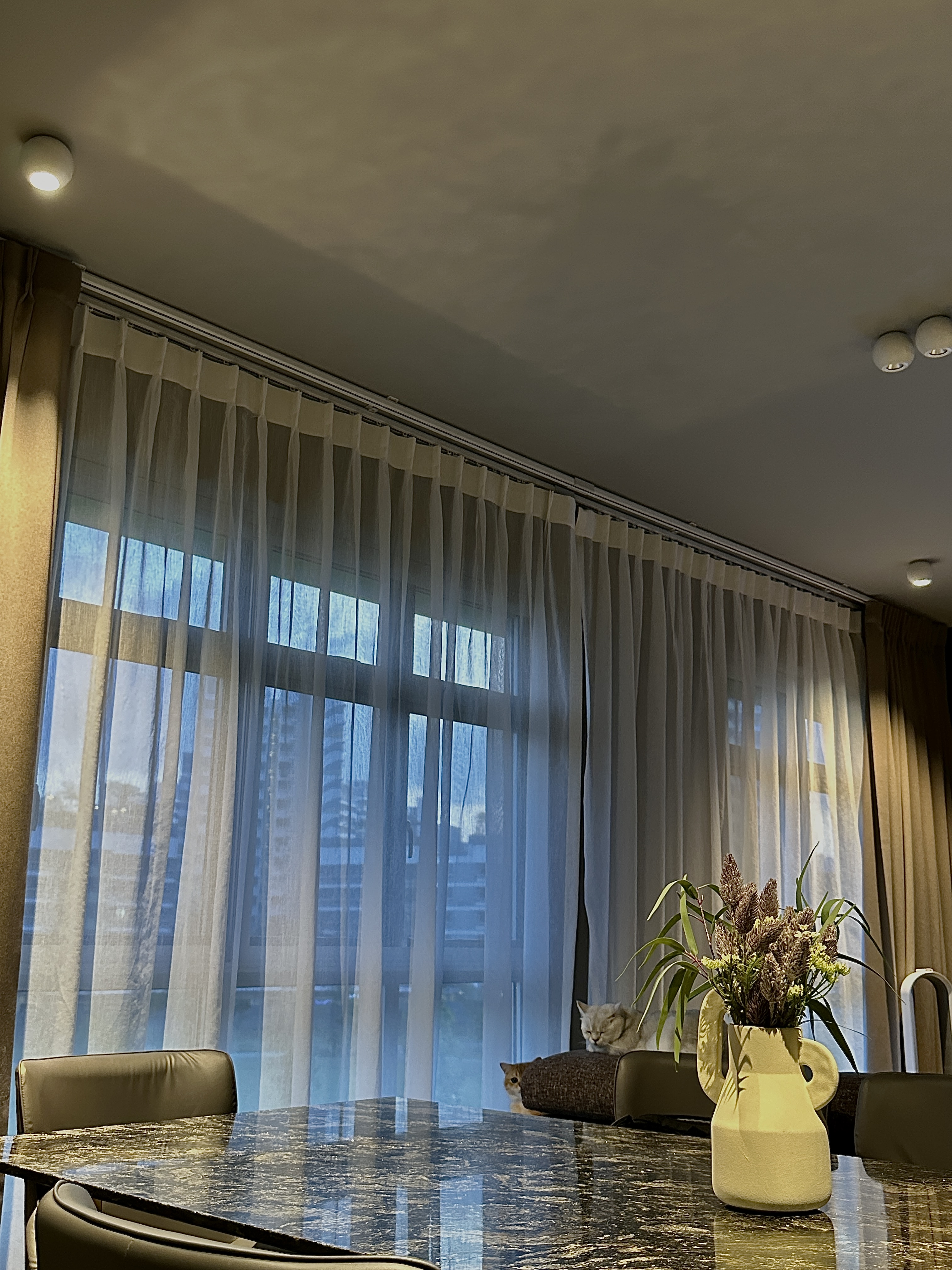 Elegant and Functional: A Glimpse of Our Dark Minimalist Dining Space - Large windows with sheer and opaque curtains, soft
