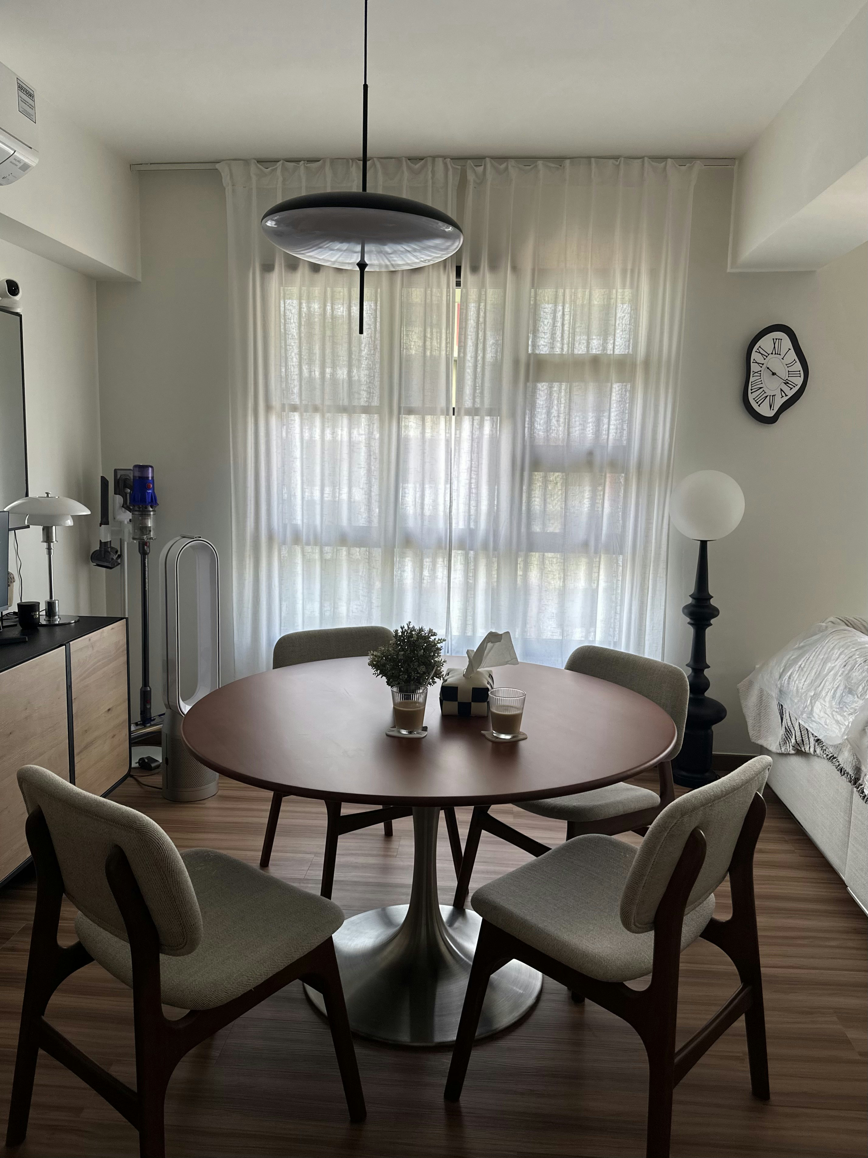 Hack it! Making room for dining in our 4 RM BTO - Modern dining room with round wooden table, beige upholstered chairs