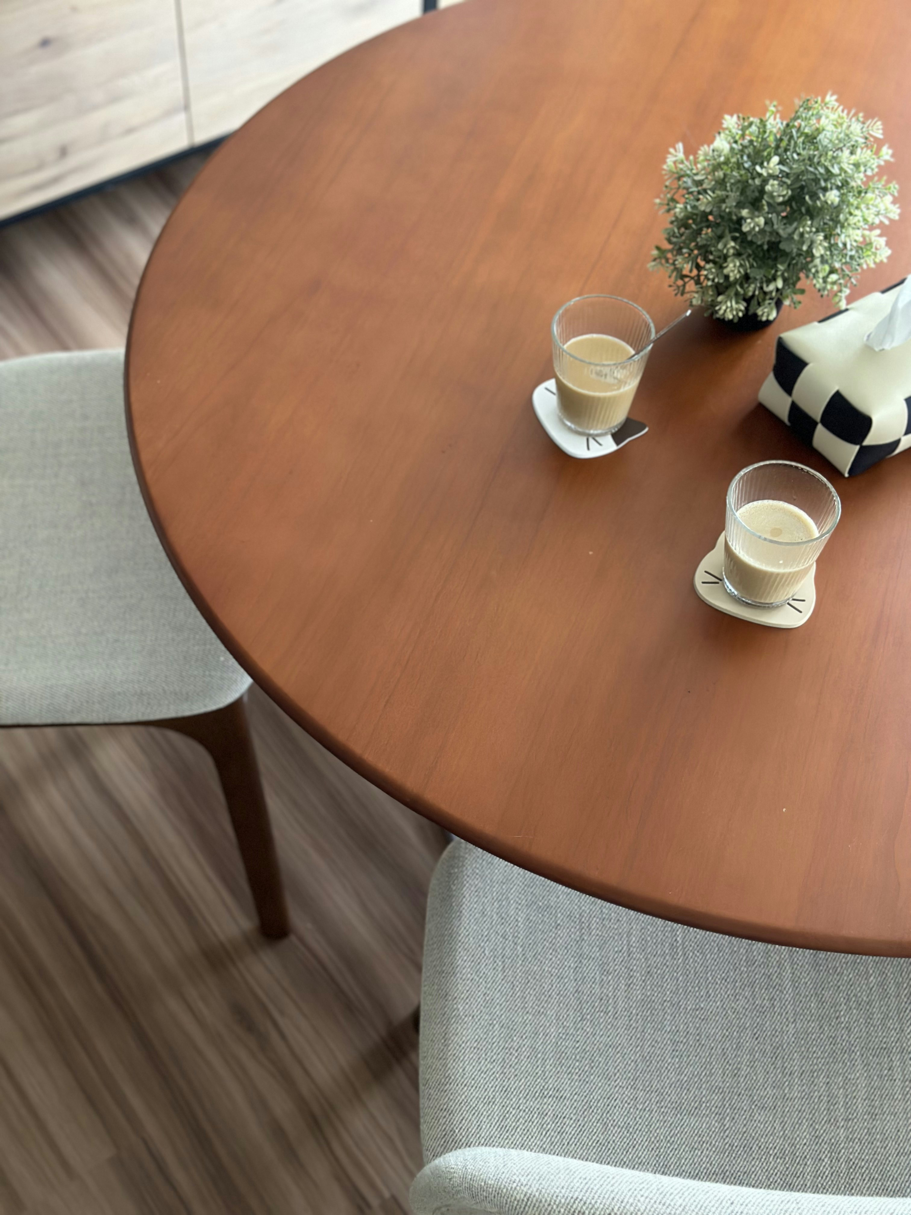 Hack it! Making room for dining in our 4 RM BTO - Wooden table, two glasses, light brown surface, light gray chairs, small