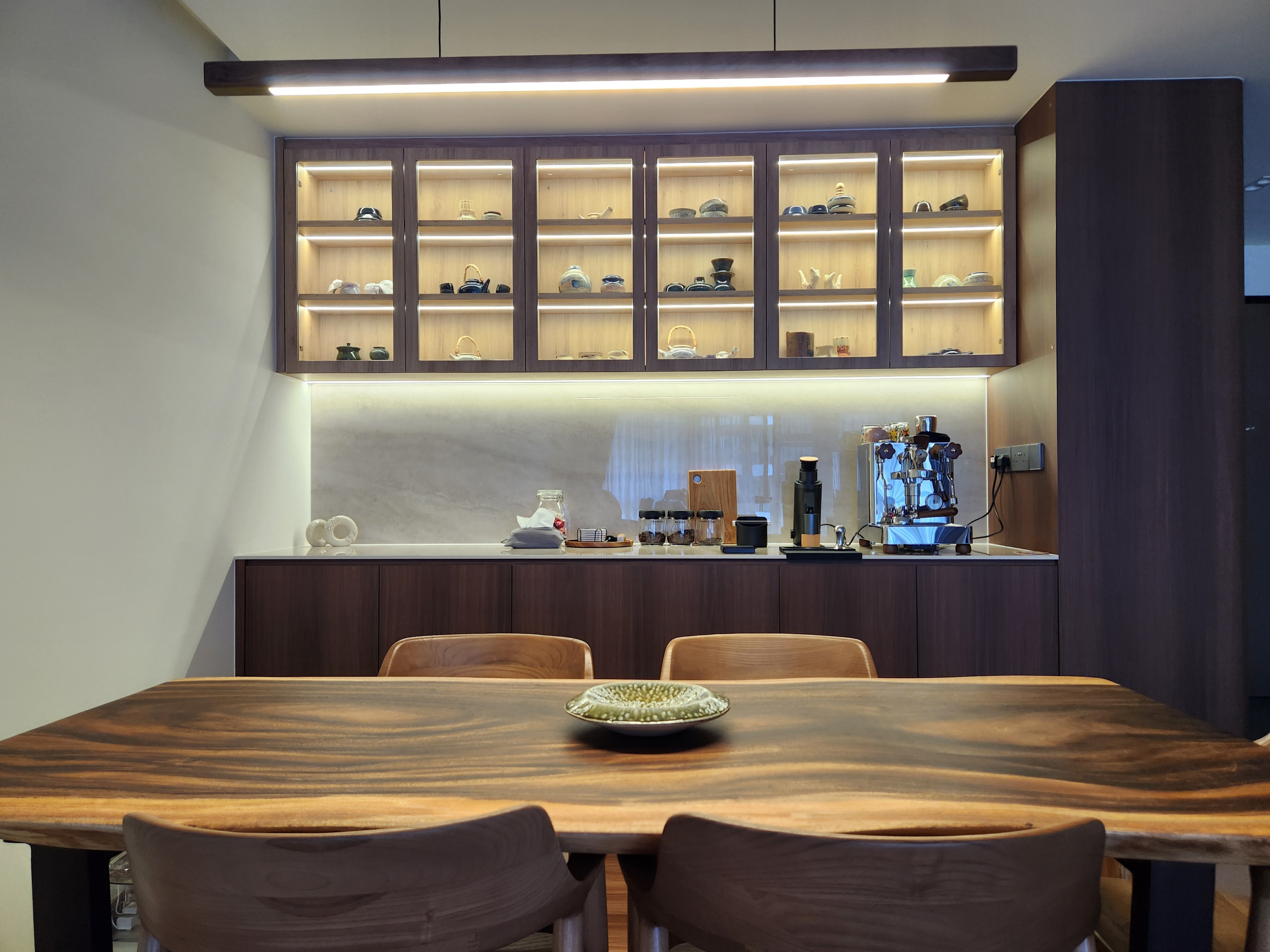 A cat's tour around our warm and cosy dining room - Wooden dining table, minimalist kitchen, modern decor, sleek cabinets