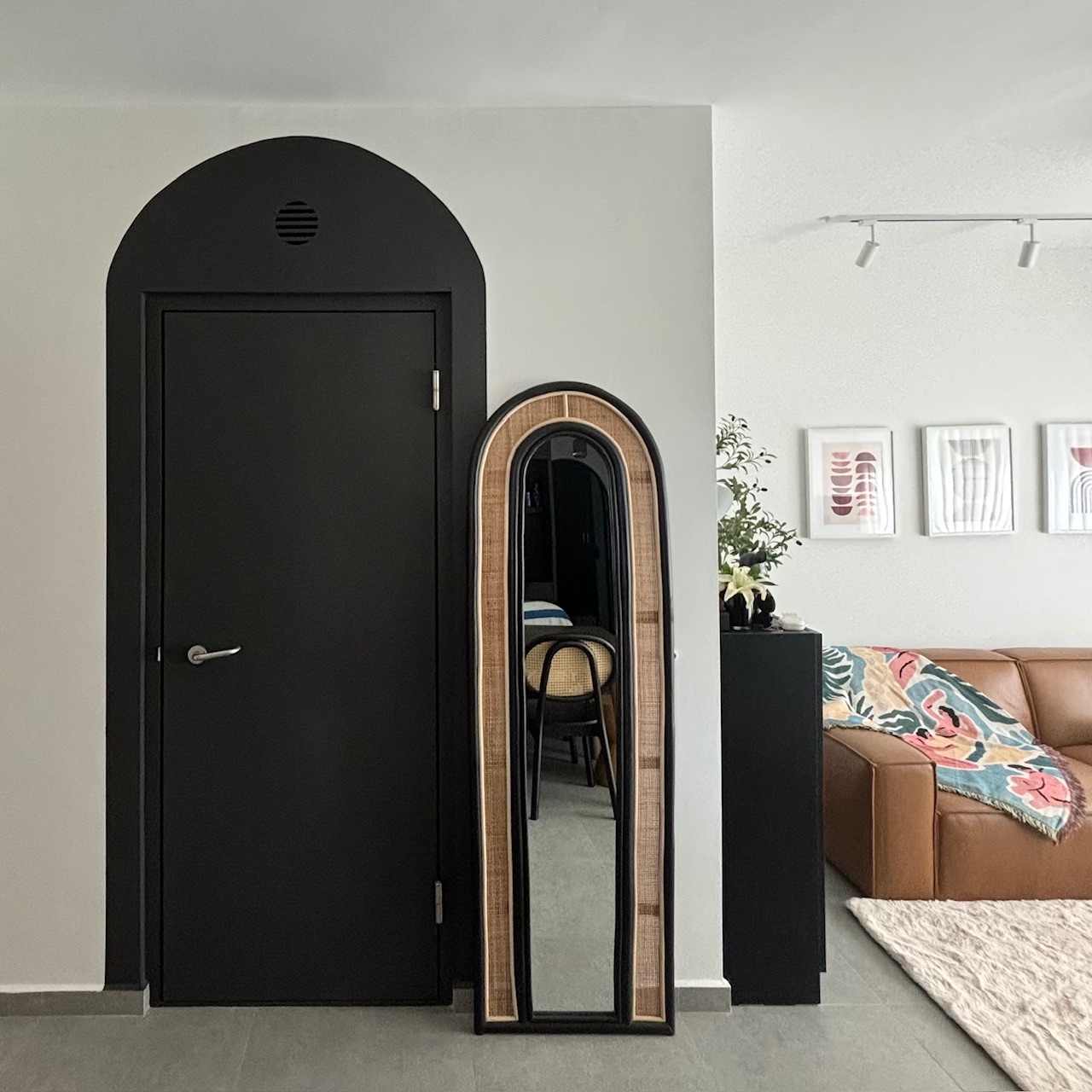 How much do arches cost?  - Black arched door, minimalist interior, modern decor, large mirror, black vanity, contemporary