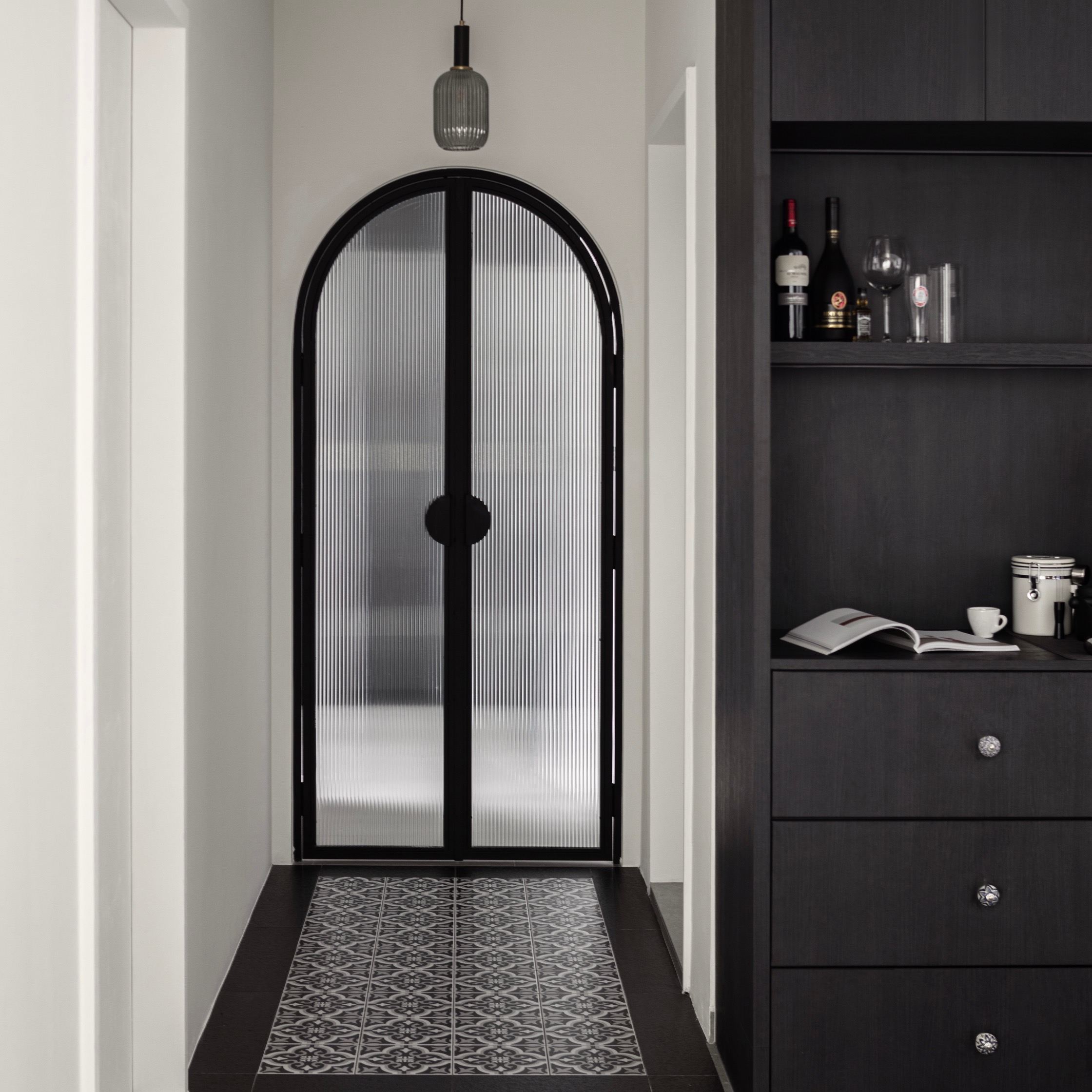 How much do arches cost?  - Arched black door with vertical blinds, minimalist interior design, modern shelving unit, dark