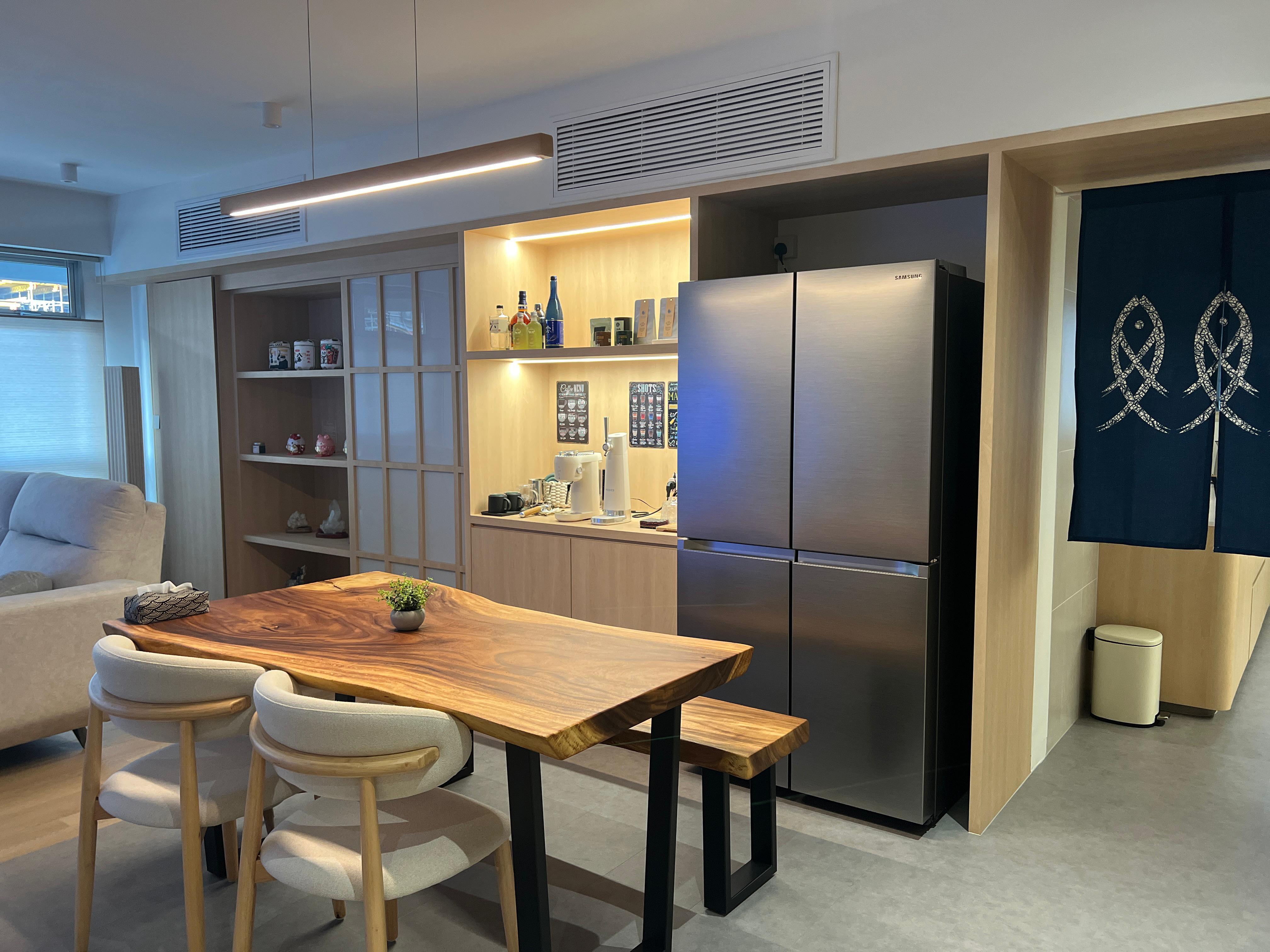 Our Dining Space: Good food, better company  - Wooden dining table with beige upholstered chairs, sleek stainless steel