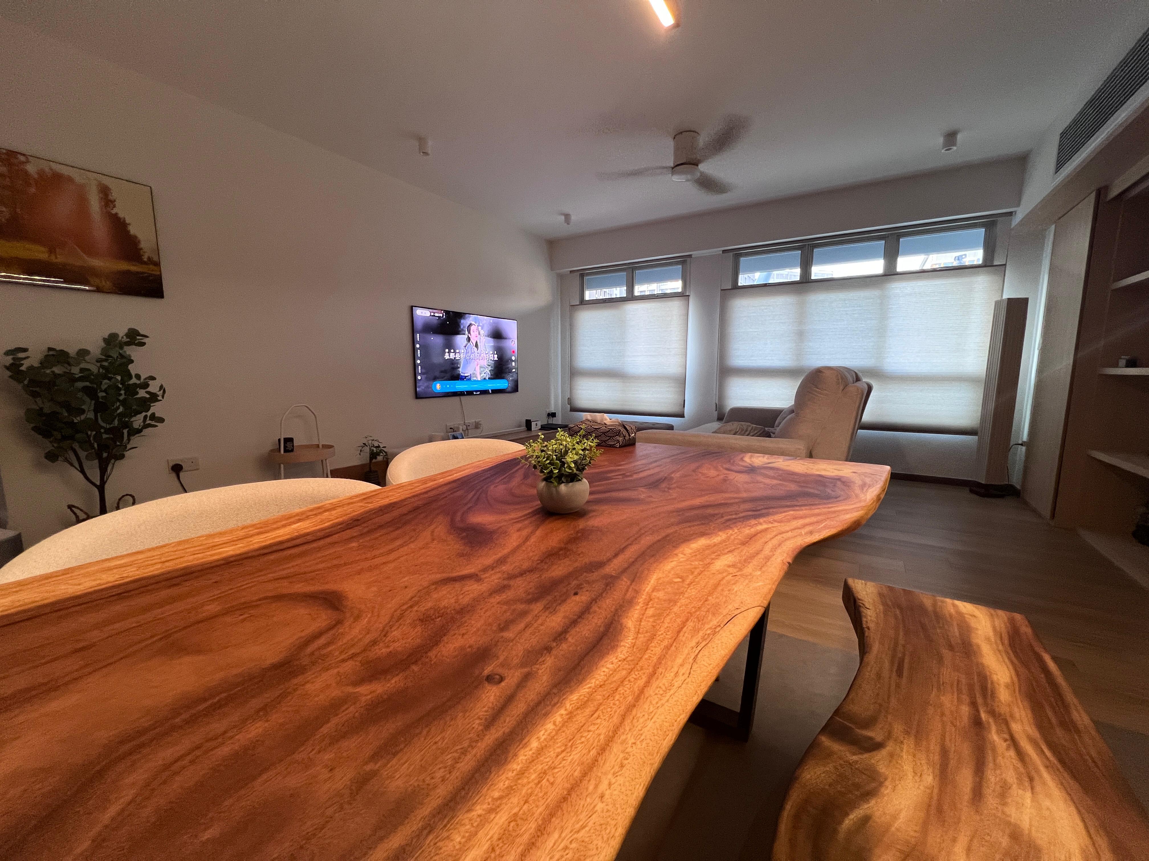 Our Dining Space: Good food, better company  - Wooden dining table, modern living room, large windows, natural light, TV on