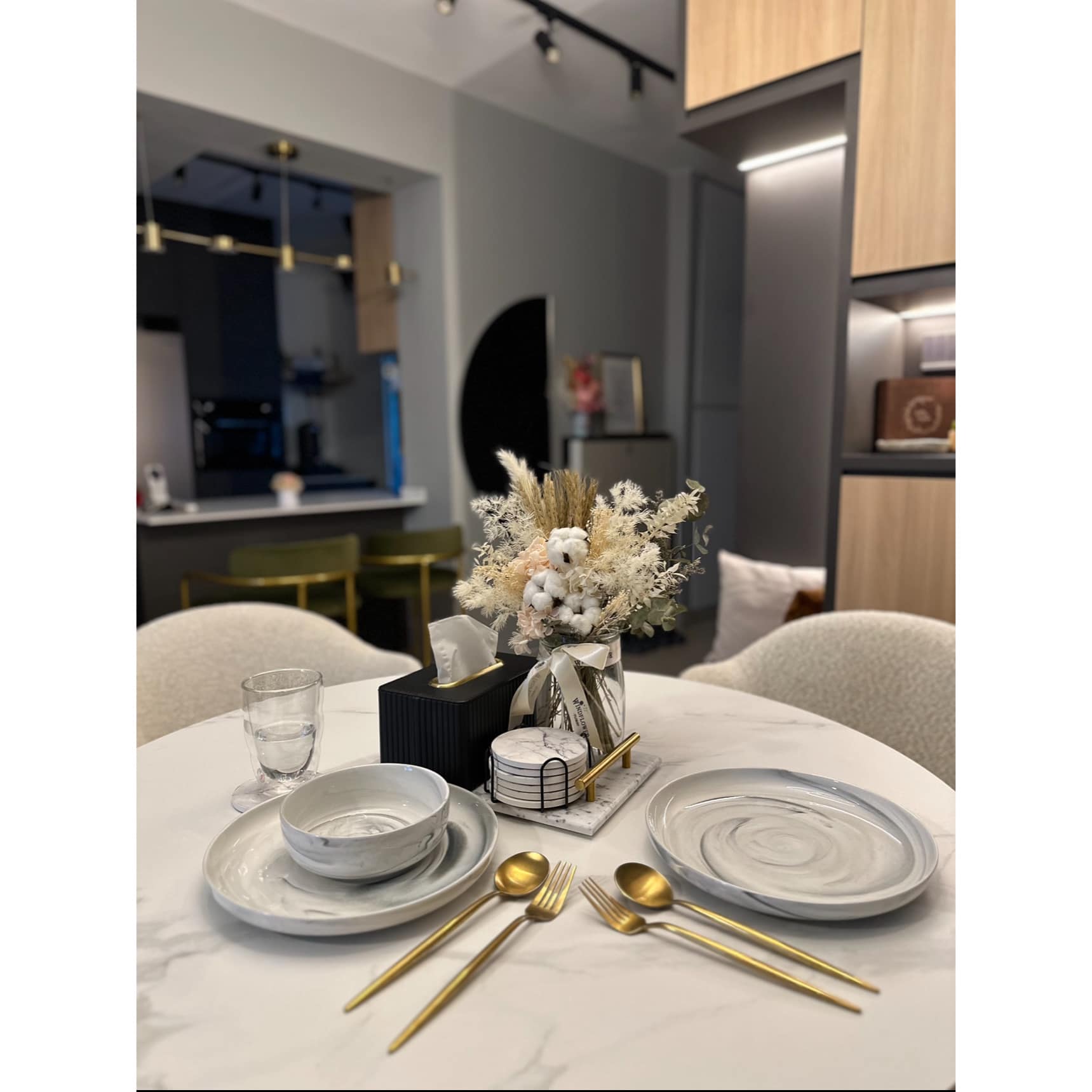 Dining In Style, Where Elegance Meets Comfort  - Modern dining room, elegant table setting, minimalist design, sophisticated