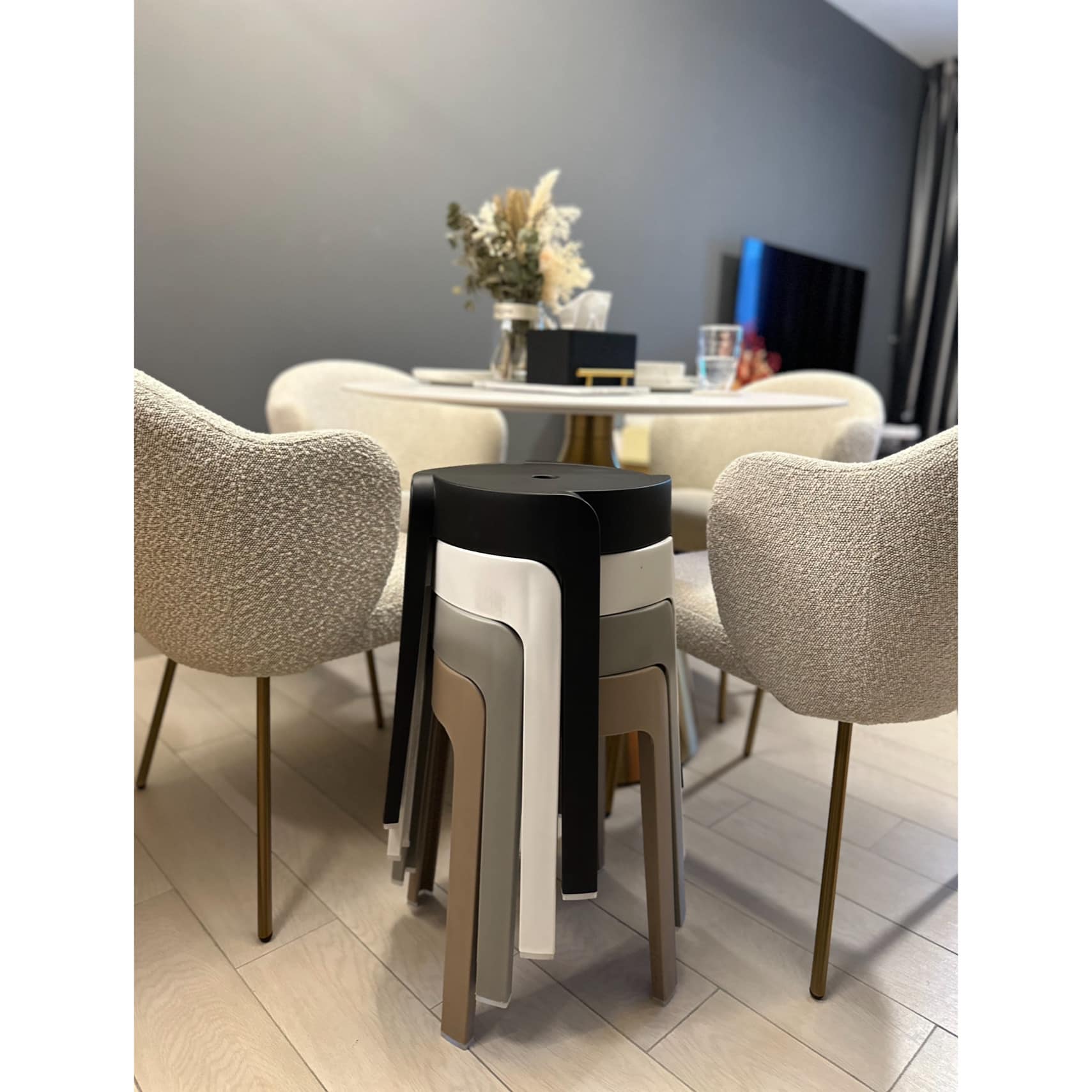 Dining In Style, Where Elegance Meets Comfort  - Modern dining room, contemporary chairs, beige upholstered chairs, round