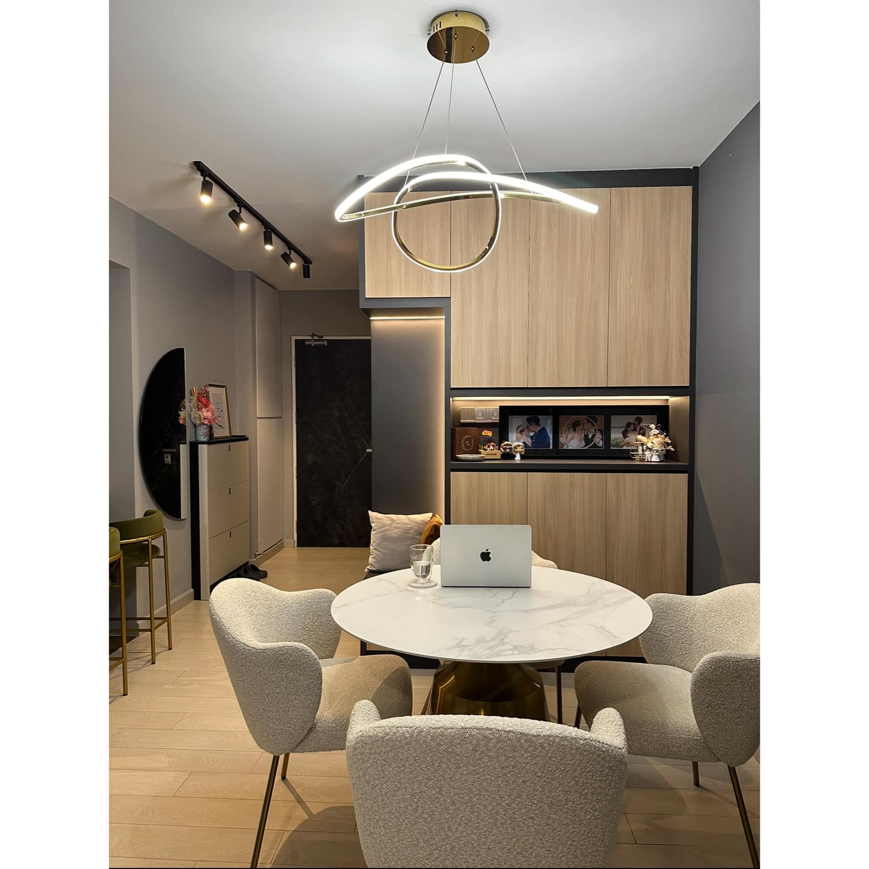 Dining In Style, Where Elegance Meets Comfort  - Modern dining room, minimalist design, sleek pendant light, wooden cabinets