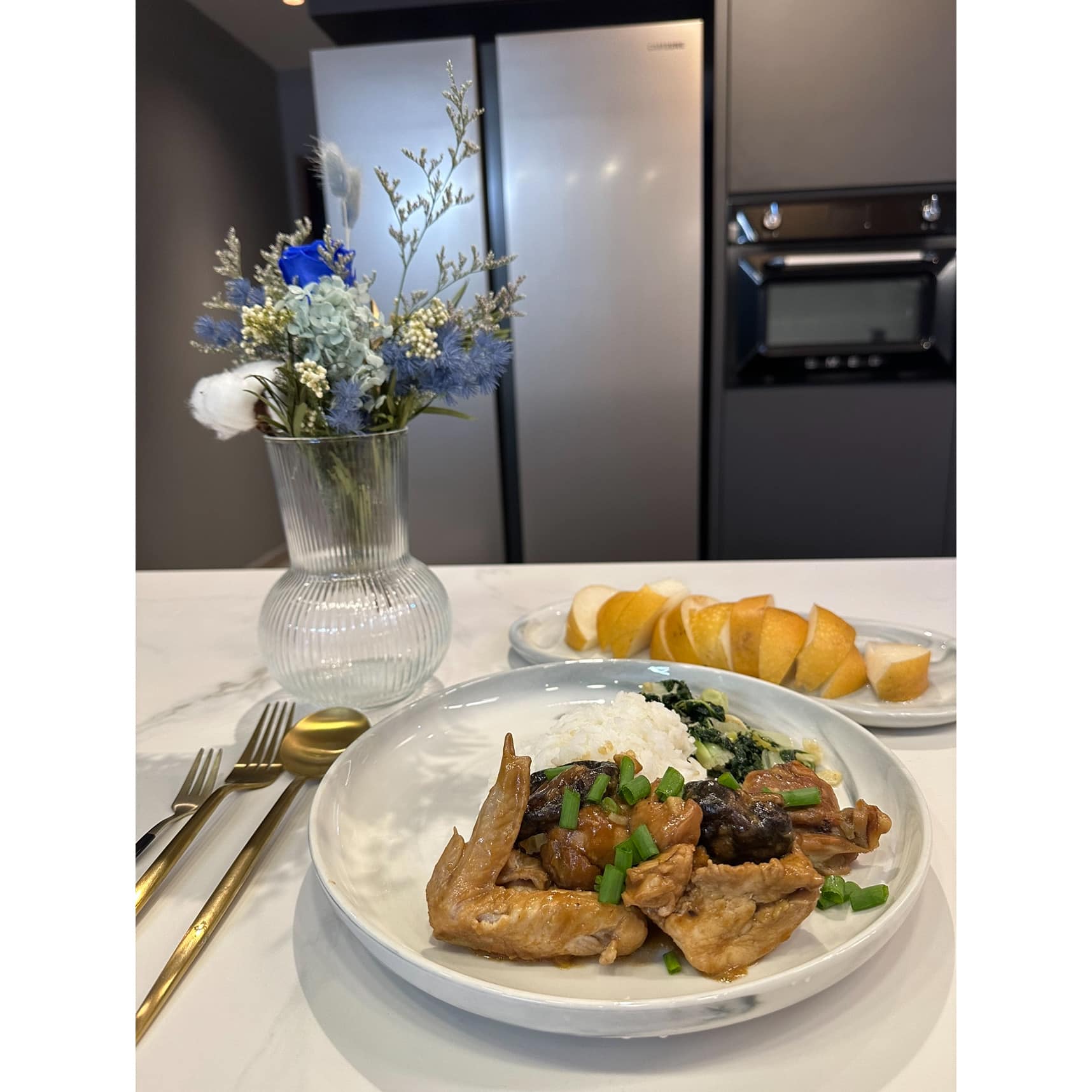 Dining In Style, Where Elegance Meets Comfort  - vibrant blue flowers, elegant table setting, modern kitchen, stainless steel