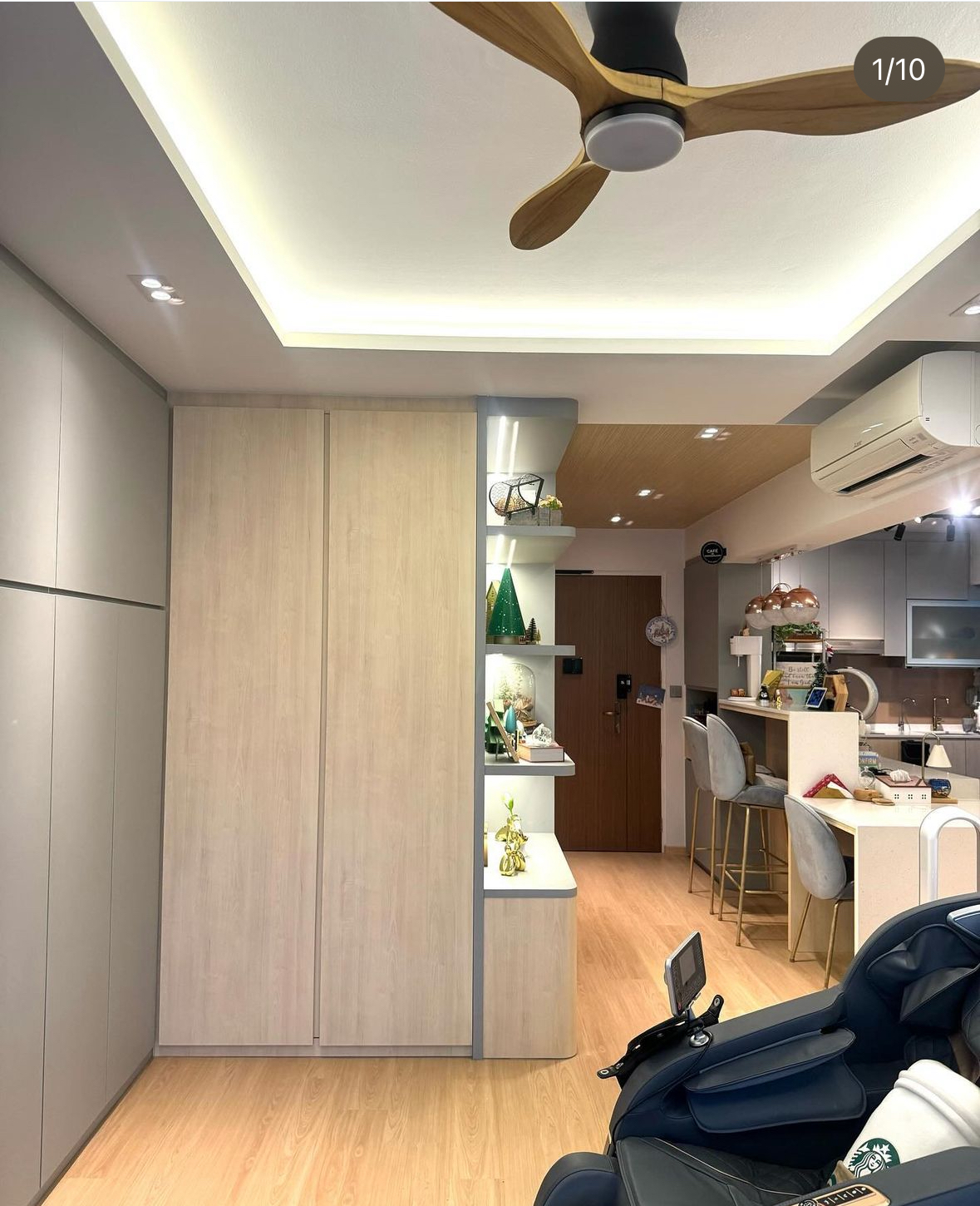 Secret Storage Spaces: The Collections Behind the Doors - Wooden cabinets, modern kitchen, ceiling fan, minimalist design