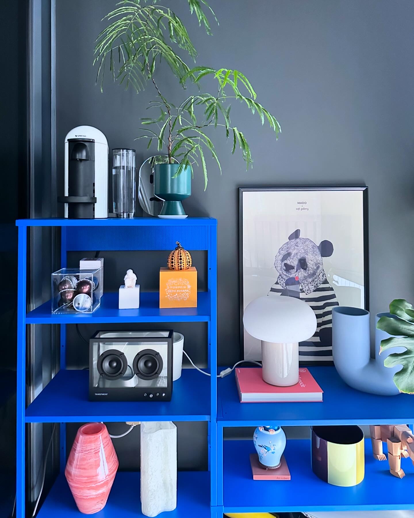 Our Dining Space: Alfresco Dining with Unblocked City View - blue shelving unit, modern decor, abstract art, minimalist