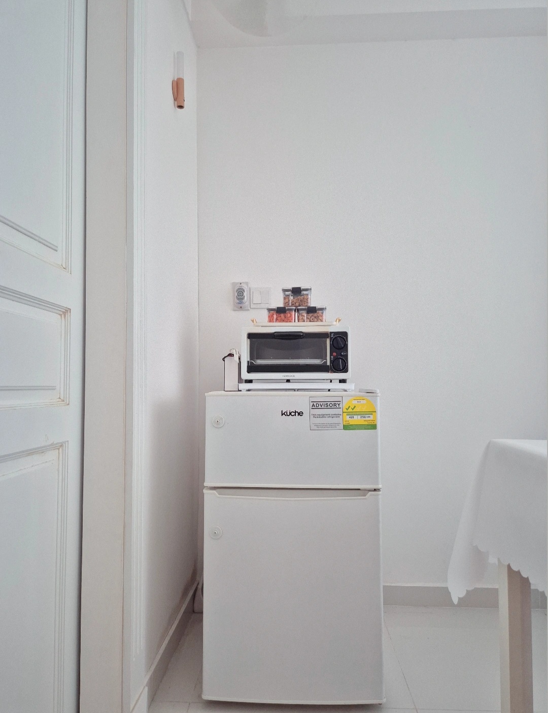 Hosting tips by punggoHField - Mini-fridge, white appliance, built-in microwave, kitchen essentials, compact storage