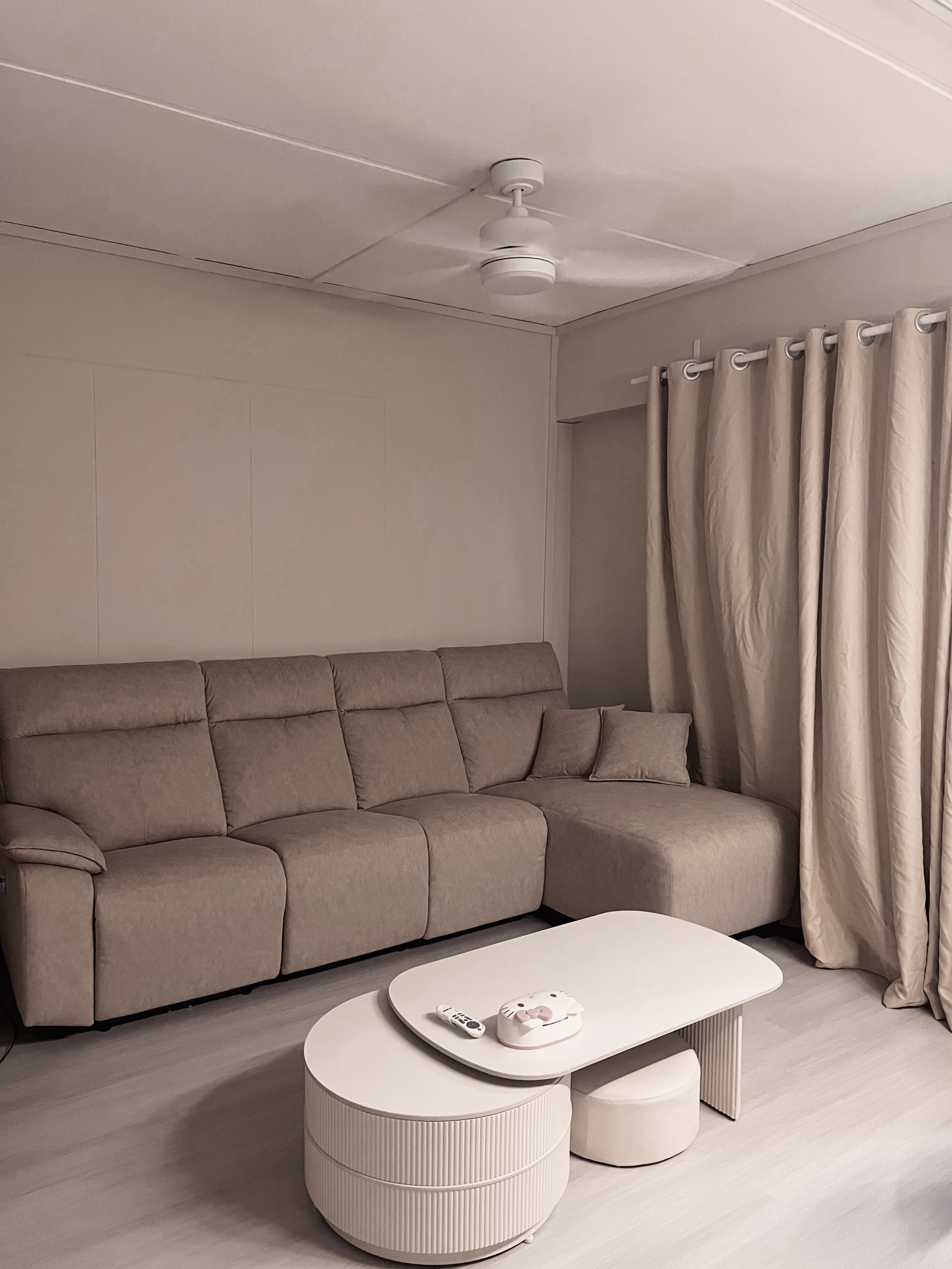 We have no TV?! | Minimalist Living Area 🛋️ - Modern minimalist living room, beige sectional sofa, soft lighting, neutral