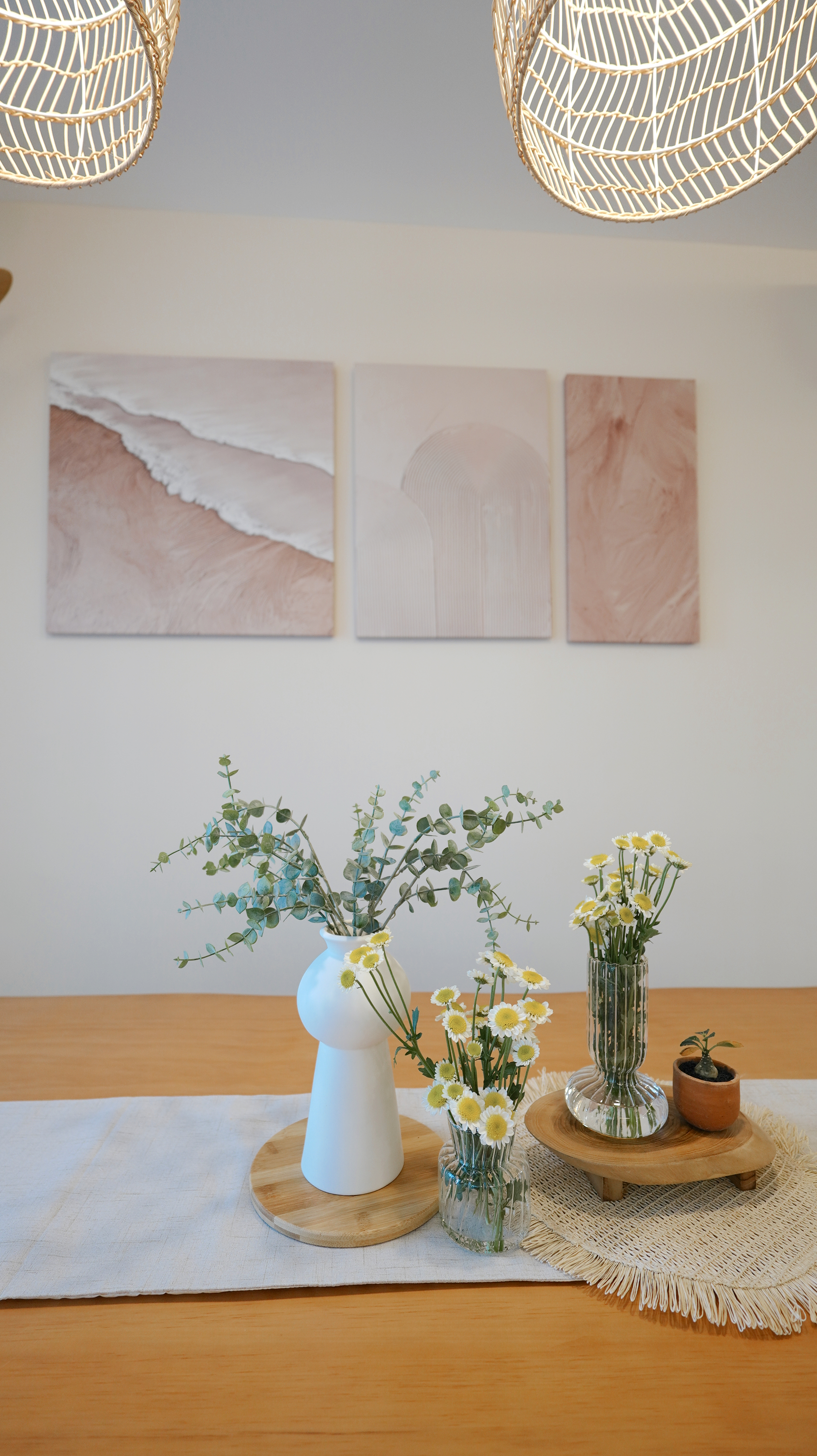Communal dining space - Calming vibes with a touch of modern farmhouse - vibrant floral arrangement, minimalist decor