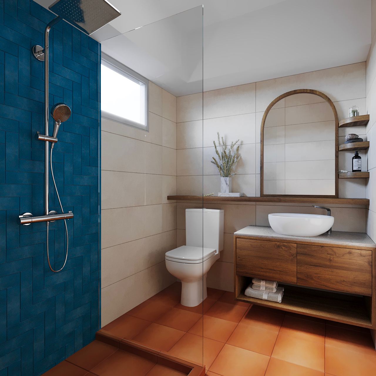 Renders vs Reality: Master Bath Edition - Blue-tiled shower enclosure, modern showerhead, glass shower door, beige tiled