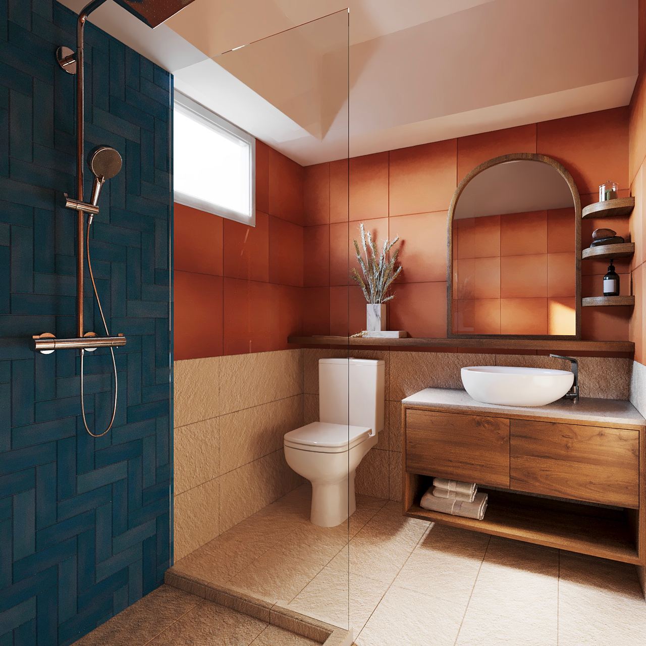 Renders vs Reality: Master Bath Edition - Modern bathroom with sleek design, glass shower enclosure, blue textured wall
