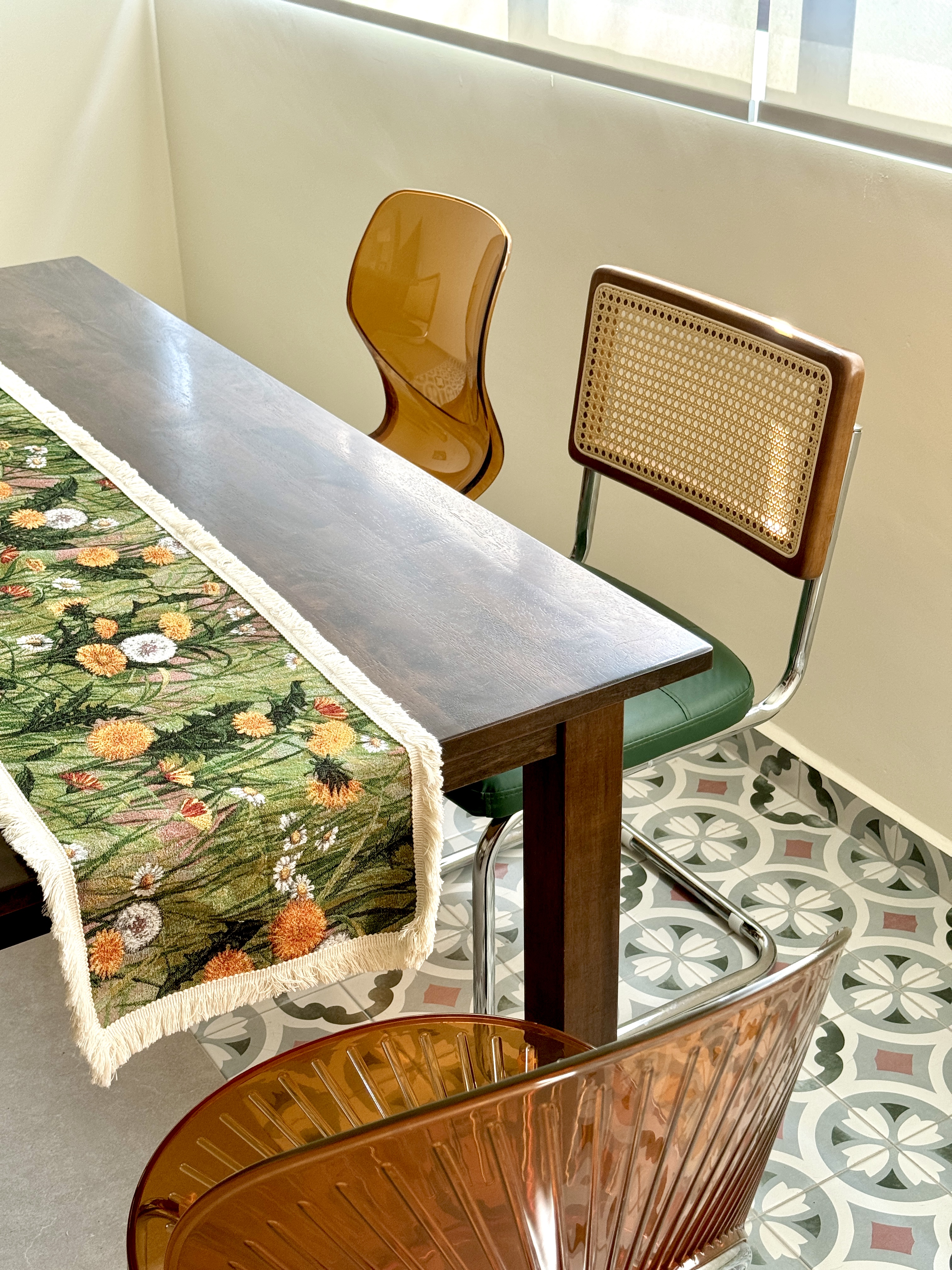 Furnishing our Dining Area for under $250 - modern dining room, contemporary chairs, wooden table, floral table runner, green