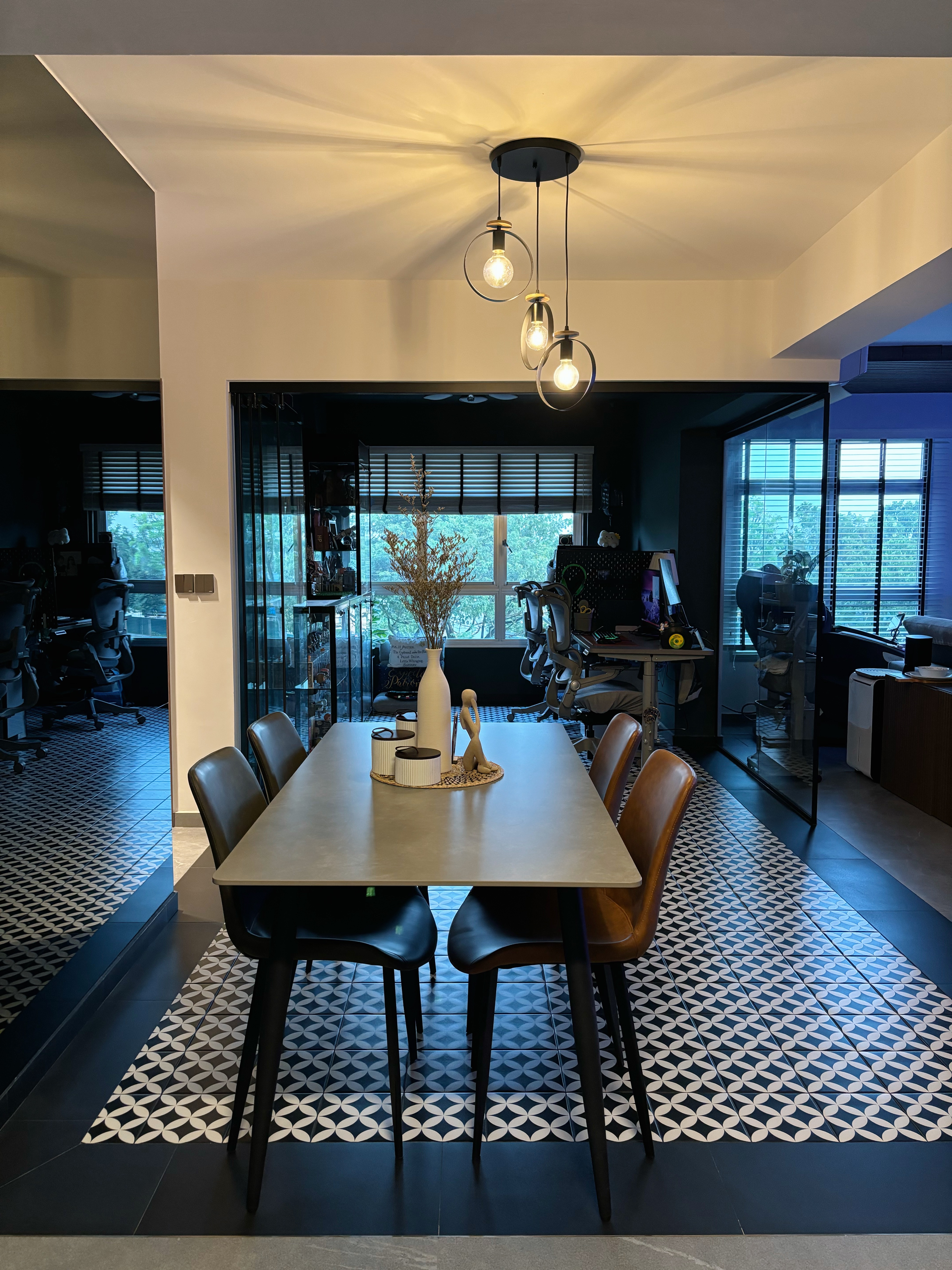 Meal and Greet - Modern dining room with sleek furniture, contemporary design, stylish decor, geometric patterned floor